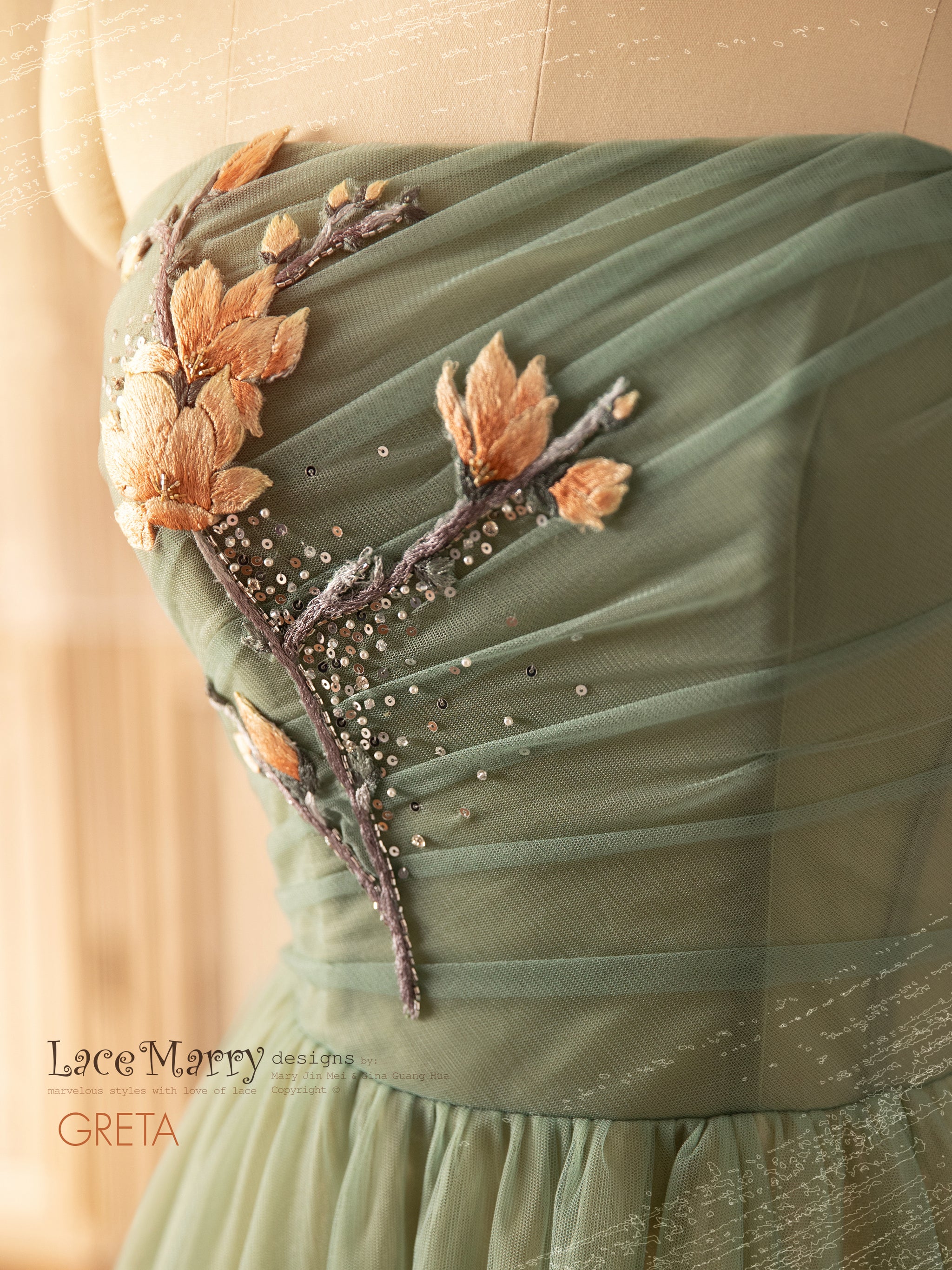 GRETA / Green Wedding Dress with Colored Flower Applique - LaceMarry GRETA / Green Wedding Dress with Colored Flower Applique - LaceMarry