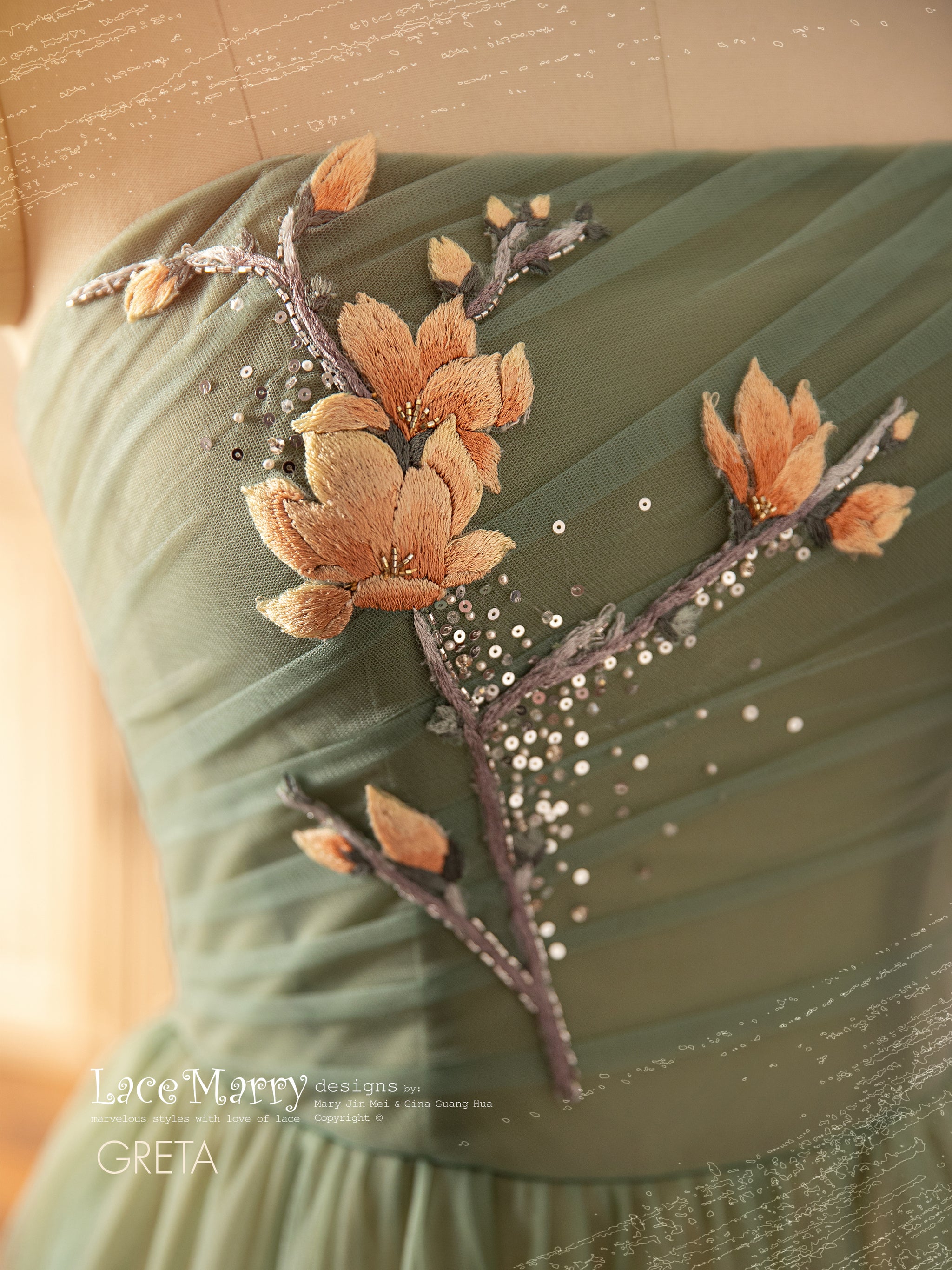 GRETA / Green Wedding Dress with Colored Flower Applique - LaceMarry GRETA / Green Wedding Dress with Colored Flower Applique - LaceMarry