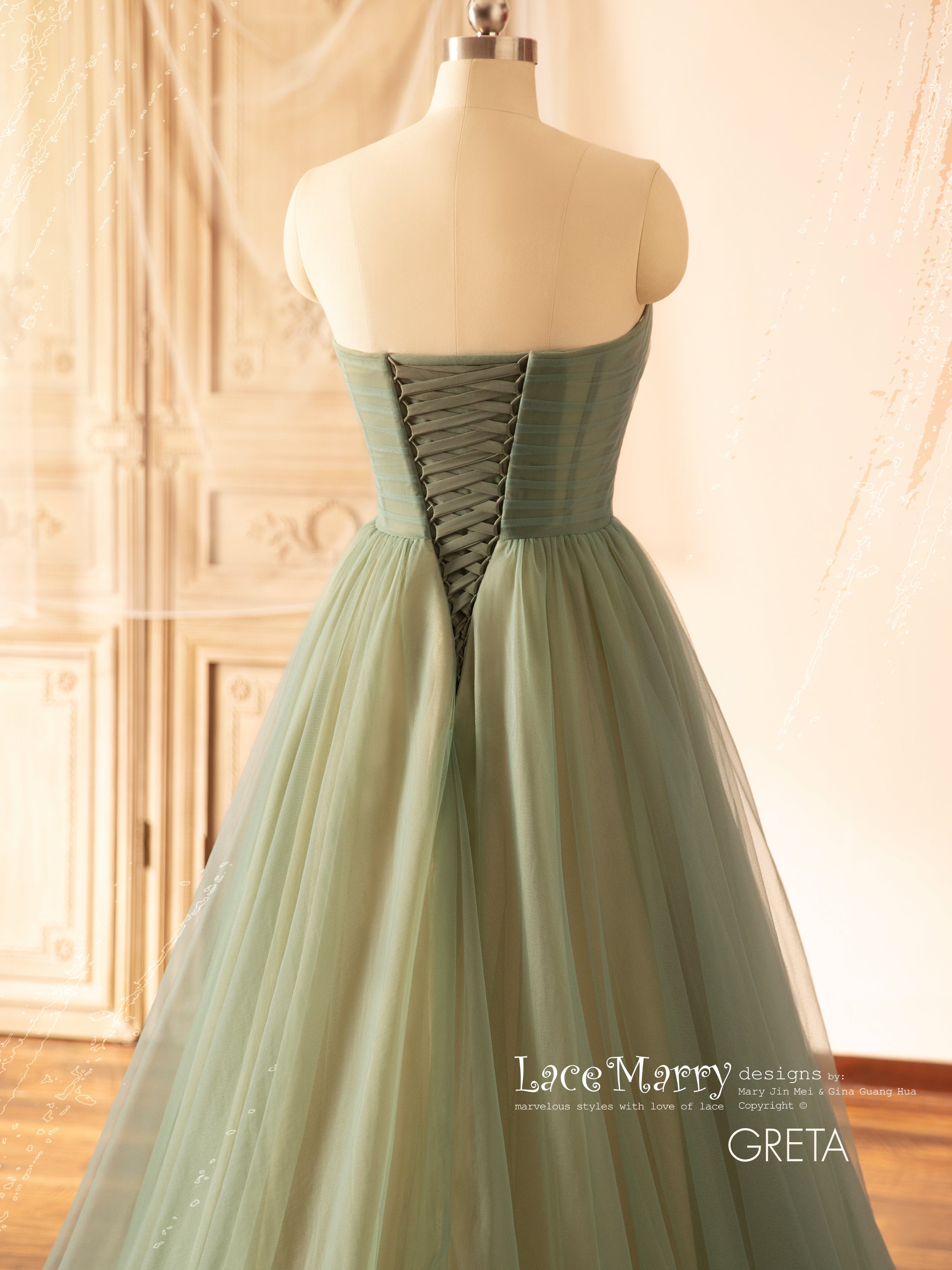 GRETA / Green Wedding Dress with Colored Flower Applique - LaceMarry GRETA / Green Wedding Dress with Colored Flower Applique - LaceMarry