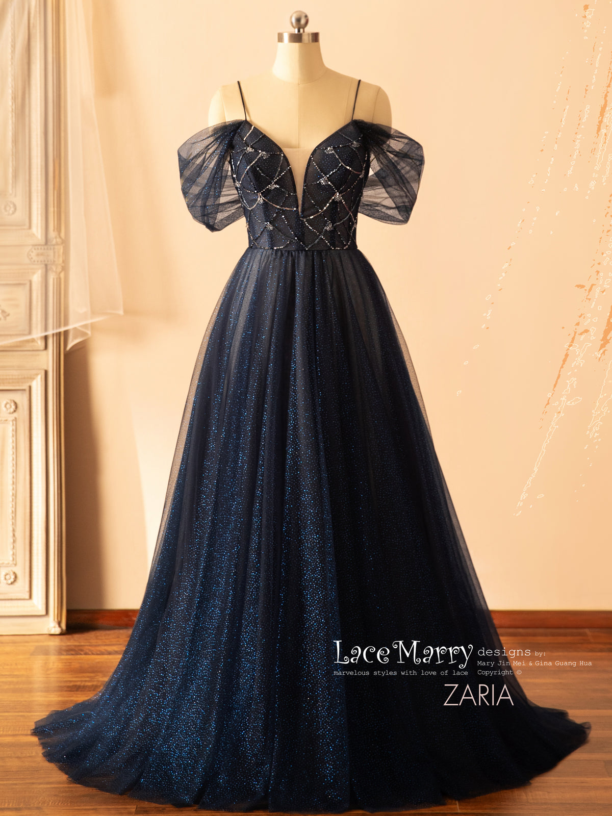 ZARIA / A Line Sparkling Navy Blue Wedding Dress with Deep Plunge Neckline