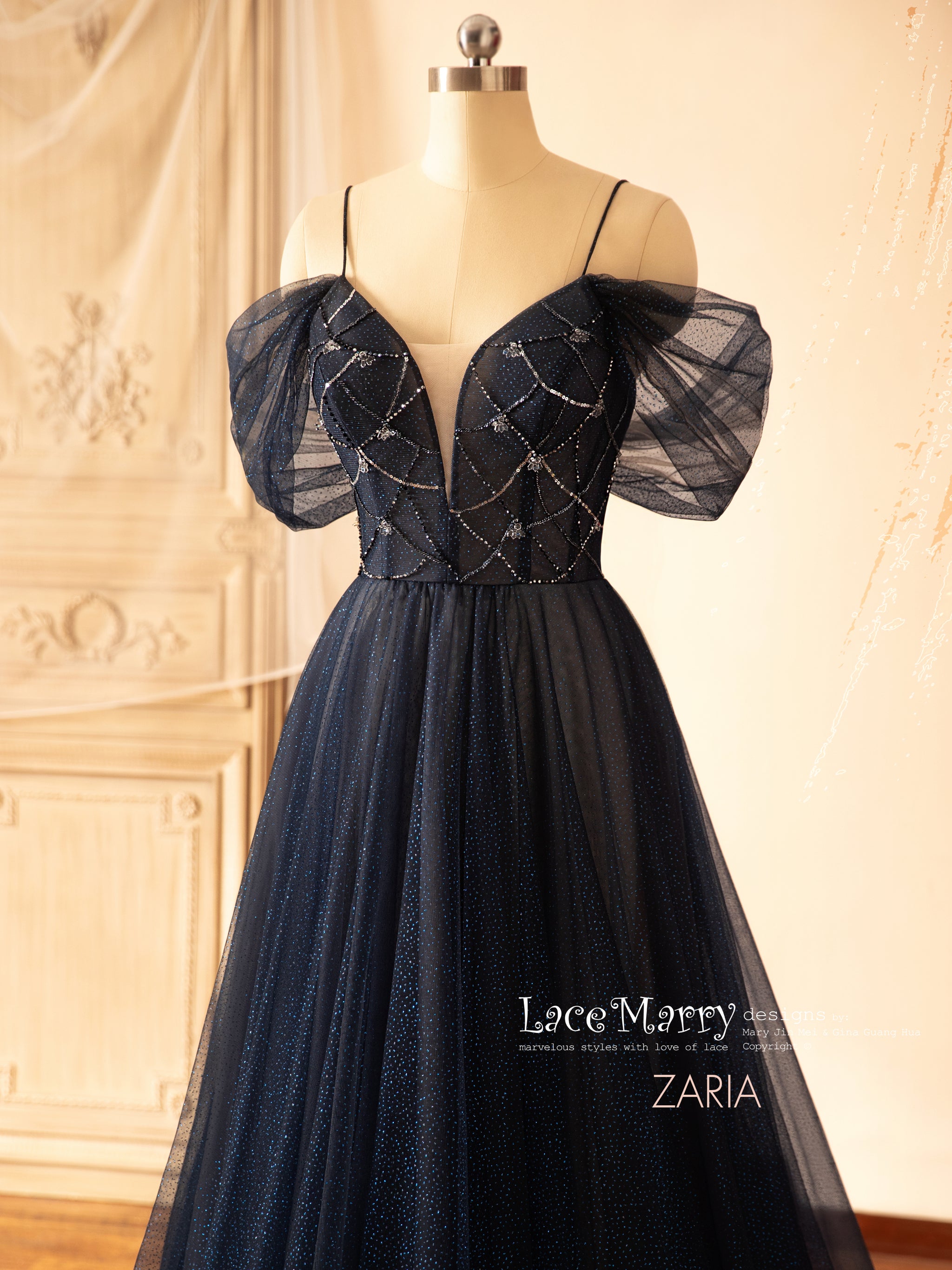 ZARIA / A Line Sparkling Navy Blue Wedding Dress with Deep Plunge Neck - LaceMarry ZARIA / A Line Sparkling Navy Blue Wedding Dress with Deep Plunge Neck - LaceMarry