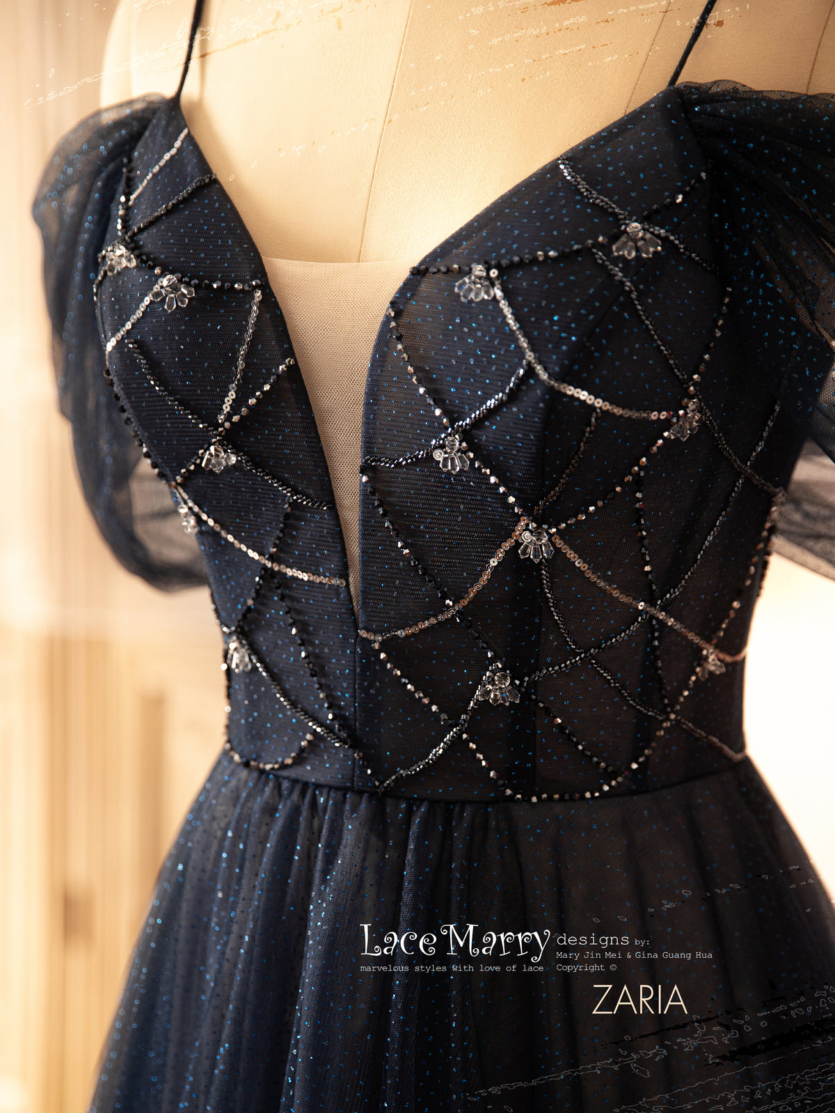 ZARIA / A Line Sparkling Navy Blue Wedding Dress with Deep Plunge Neckline