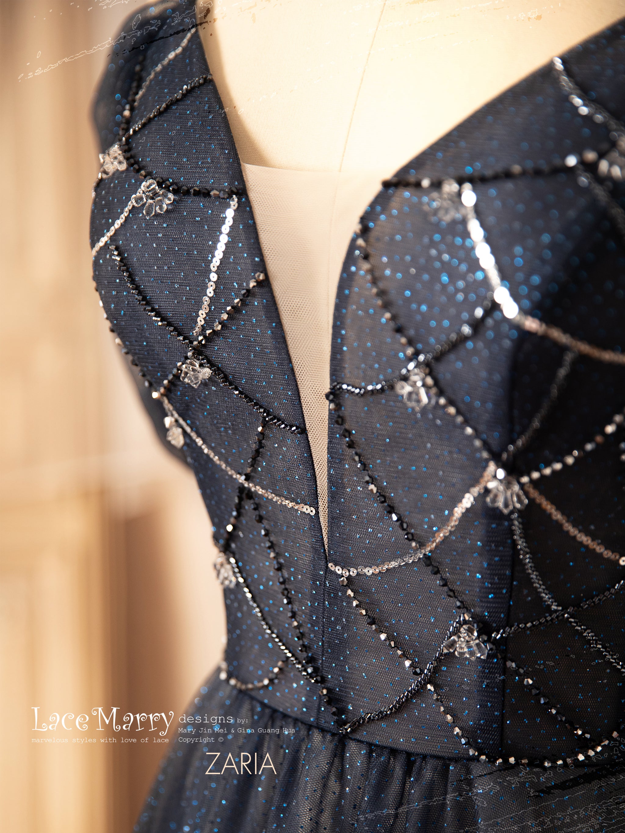 ZARIA / A Line Sparkling Navy Blue Wedding Dress with Deep Plunge Neck - LaceMarry ZARIA / A Line Sparkling Navy Blue Wedding Dress with Deep Plunge Neck - LaceMarry