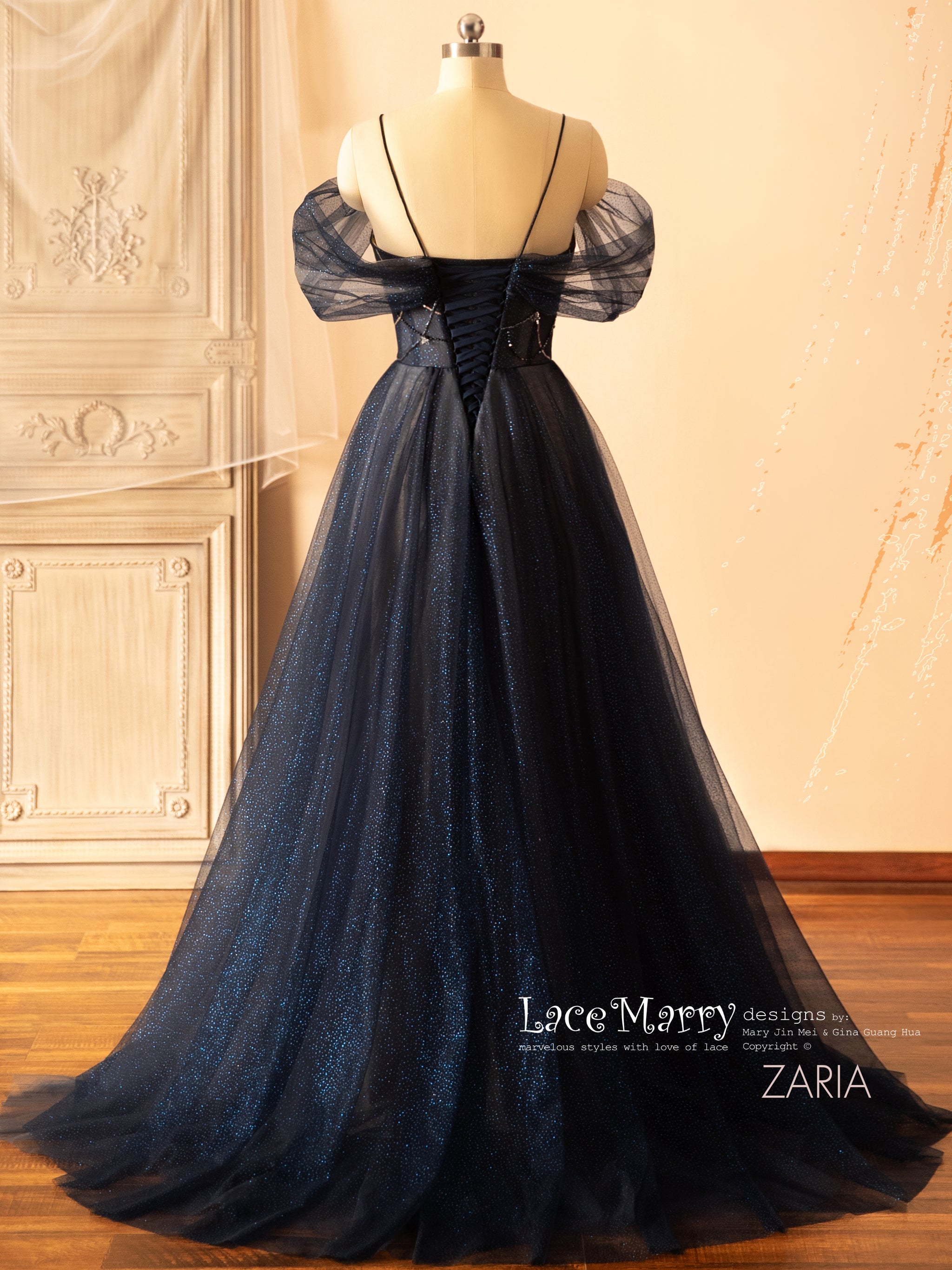 ZARIA / A Line Sparkling Navy Blue Wedding Dress with Deep Plunge Neck - LaceMarry ZARIA / A Line Sparkling Navy Blue Wedding Dress with Deep Plunge Neck - LaceMarry