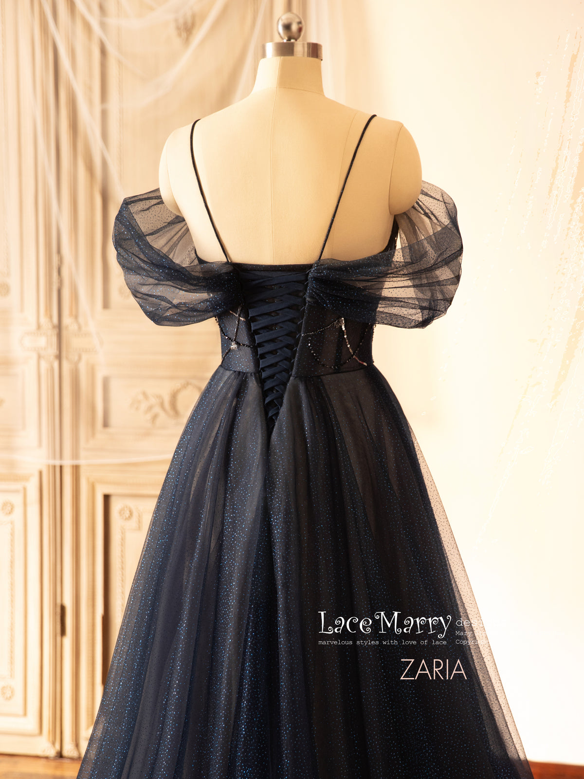 ZARIA / A Line Sparkling Navy Blue Wedding Dress with Deep Plunge Neck