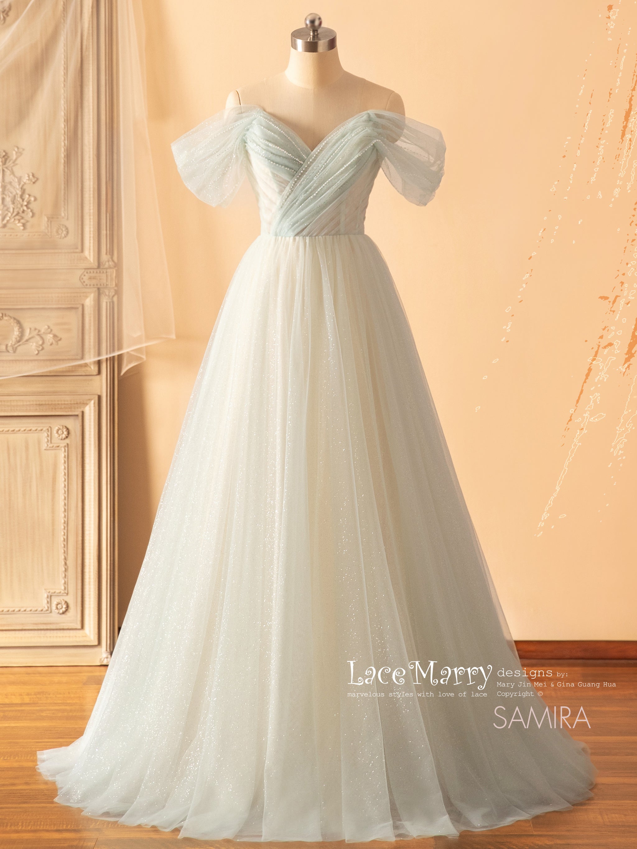 SAMIRA / Light Green Wedding Dress with Off Shoulder Straps - LaceMarry SAMIRA / Light Green Wedding Dress with Off Shoulder Straps - LaceMarry