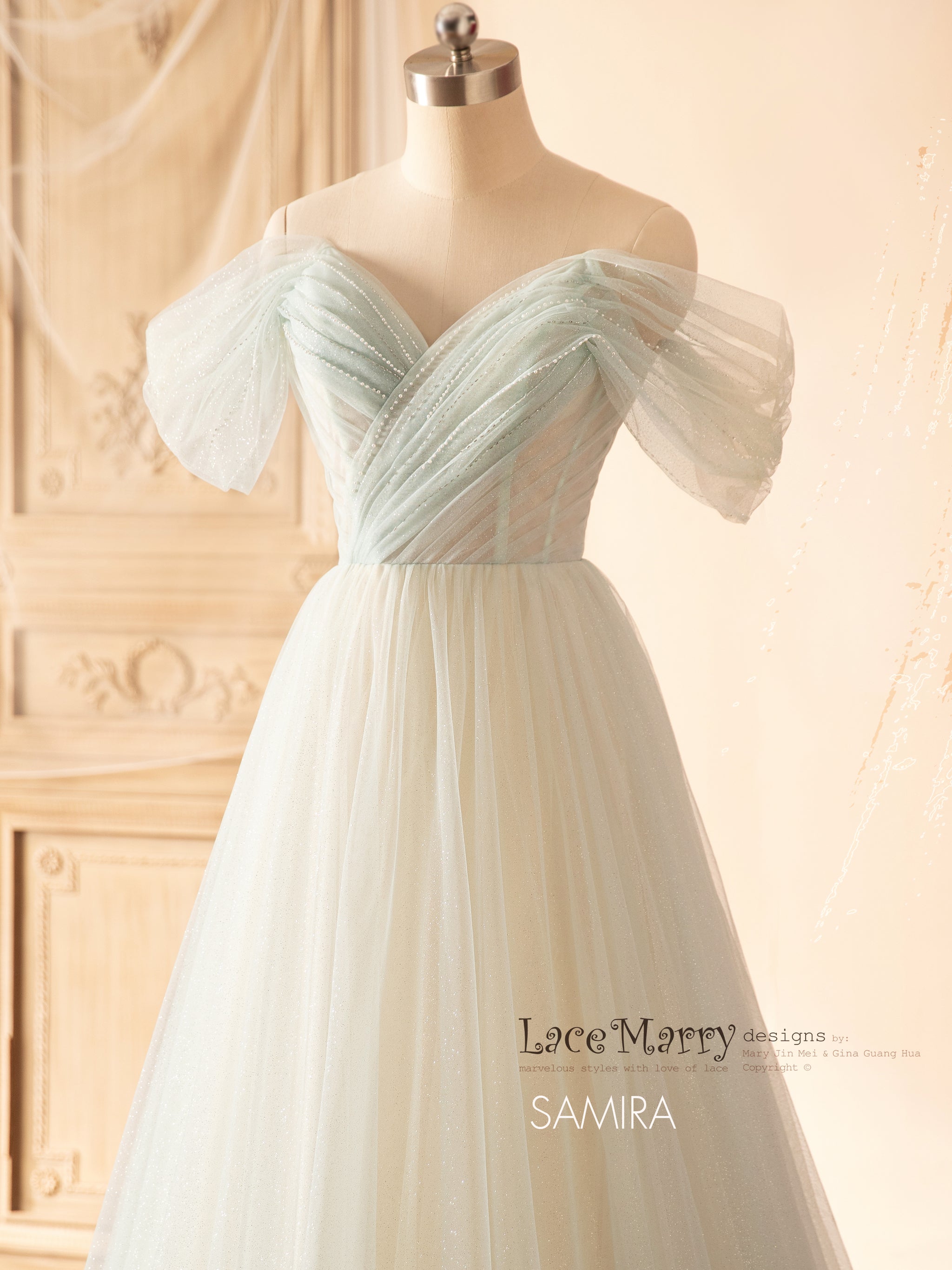 SAMIRA / Light Green Wedding Dress with Off Shoulder Straps - LaceMarry SAMIRA / Light Green Wedding Dress with Off Shoulder Straps - LaceMarry