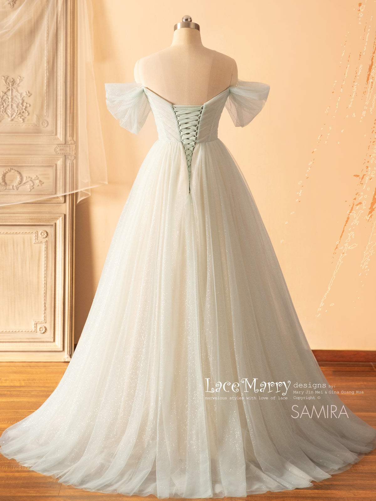 SAMIRA / Light Green Wedding Dress with Off Shoulder Straps