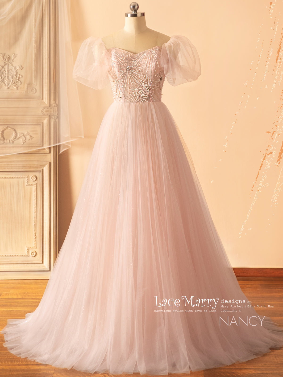 NANCY / Light Pink Wedding Dress with Off Shoulder Puff Sleeves