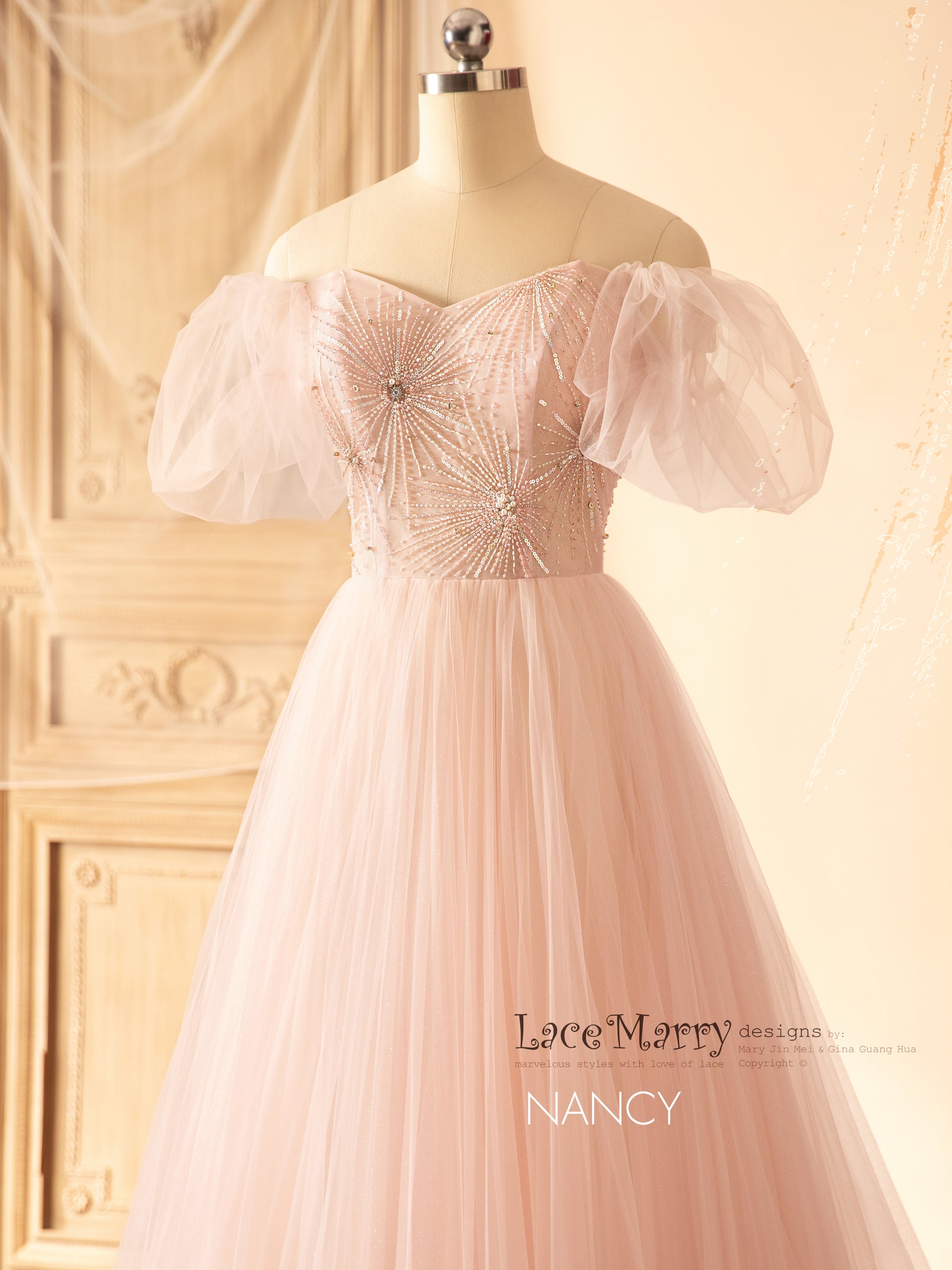 NANCY / Light Pink Wedding Dress with Off Shoulder Puff Sleeves - LaceMarry NANCY / Light Pink Wedding Dress with Off Shoulder Puff Sleeves - LaceMarry