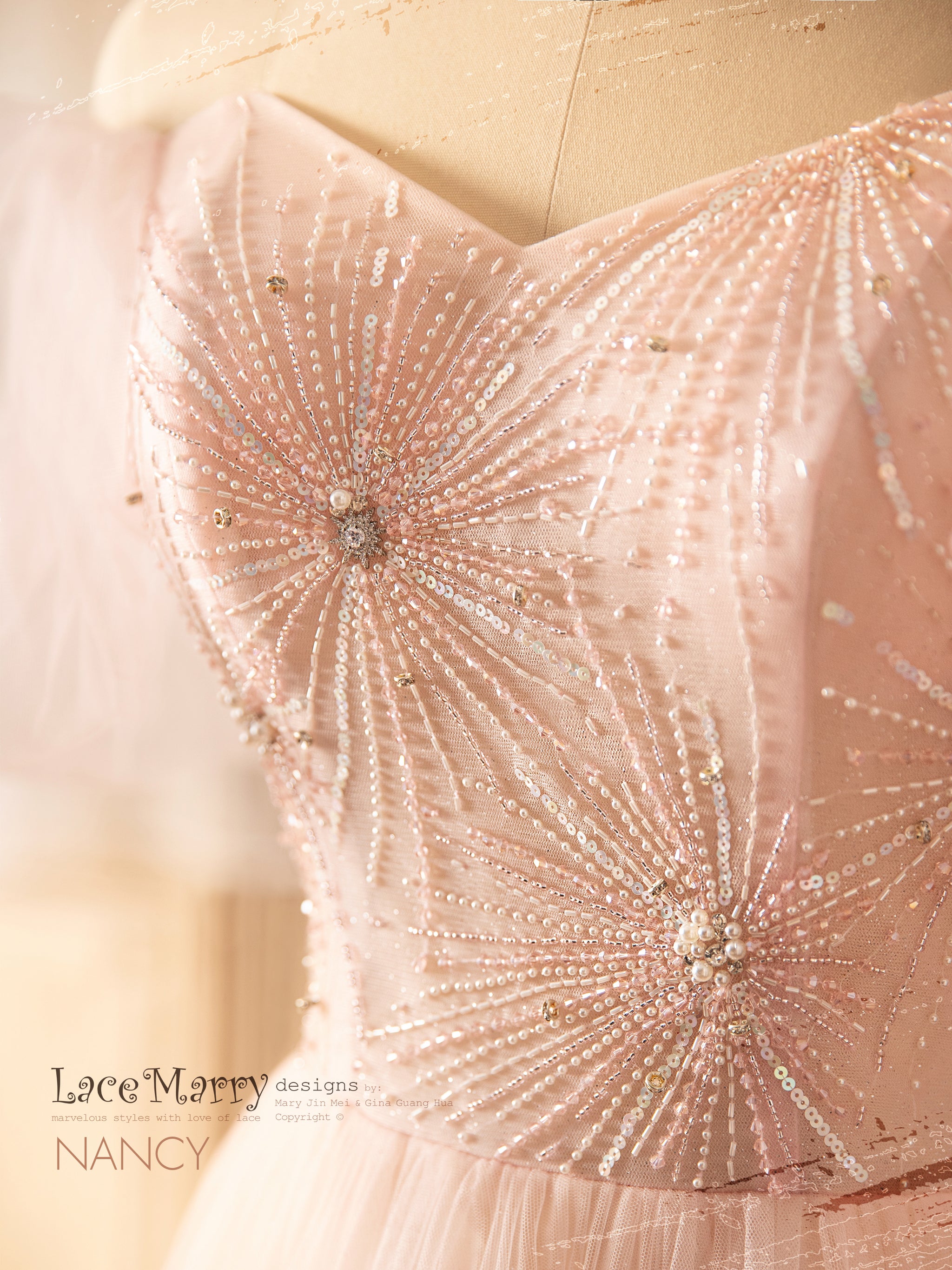 NANCY / Light Pink Wedding Dress with Off Shoulder Puff Sleeves - LaceMarry NANCY / Light Pink Wedding Dress with Off Shoulder Puff Sleeves - LaceMarry