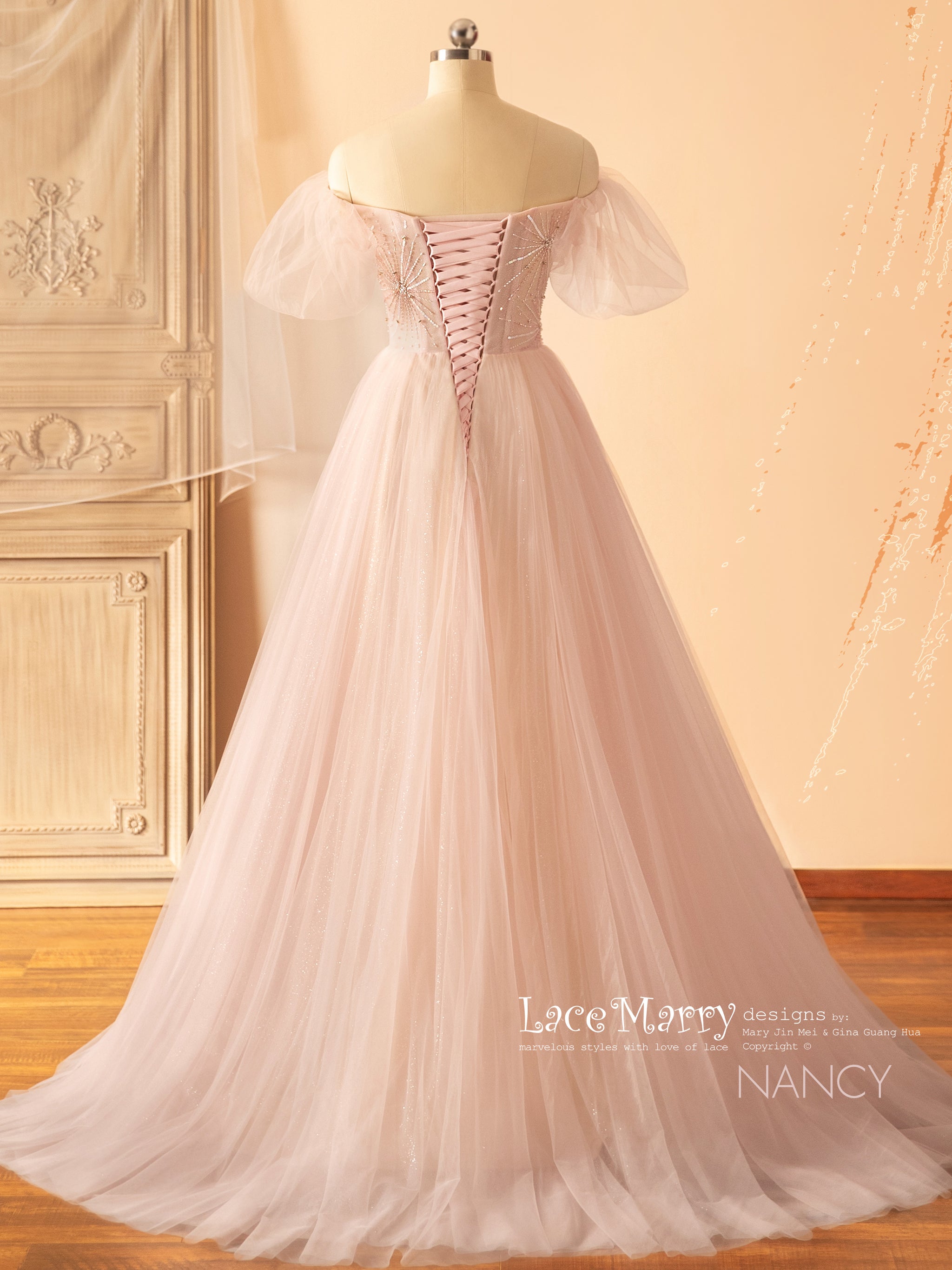 NANCY / Light Pink Wedding Dress with Off Shoulder Puff Sleeves - LaceMarry NANCY / Light Pink Wedding Dress with Off Shoulder Puff Sleeves - LaceMarry