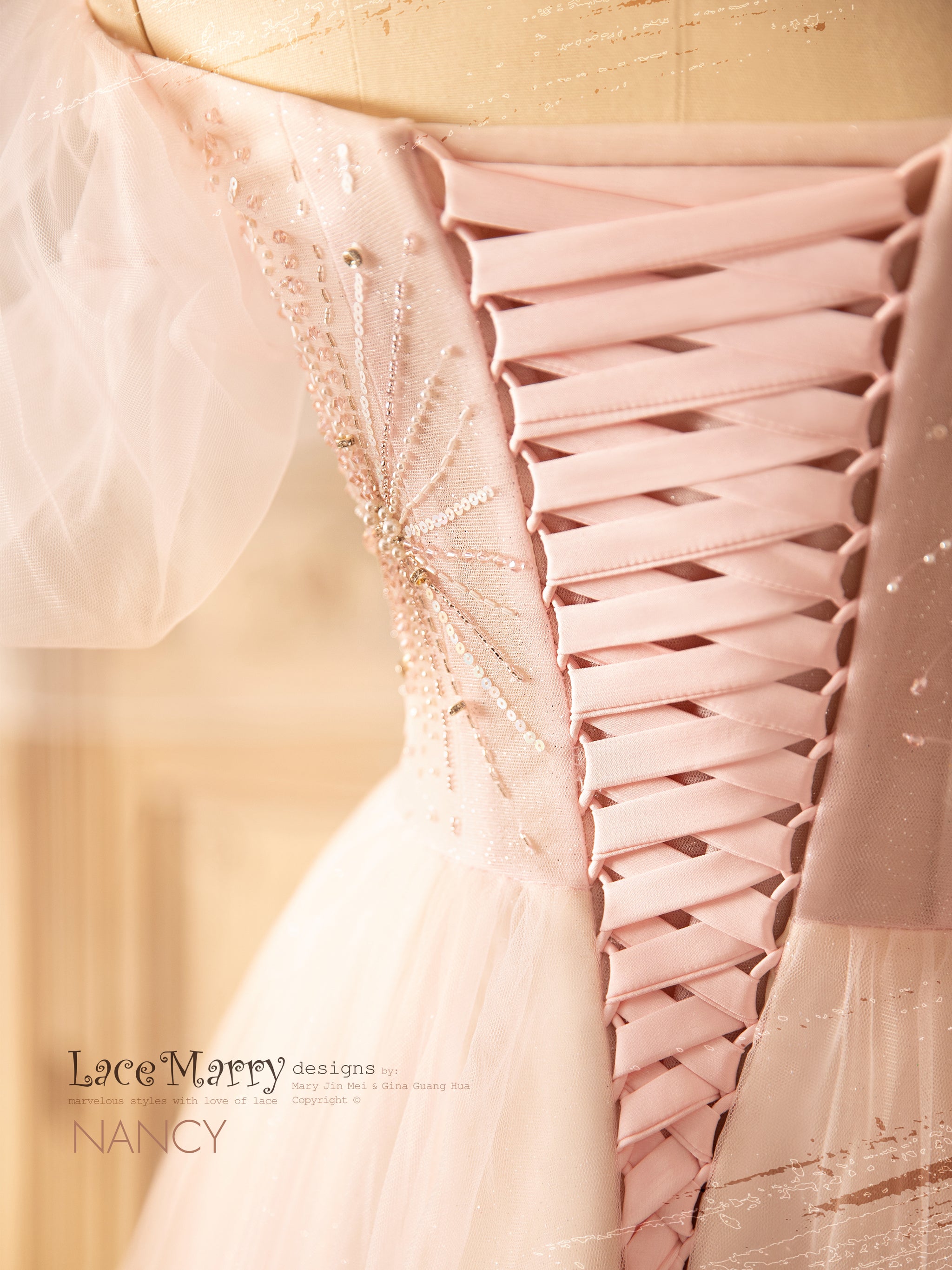 NANCY / Light Pink Wedding Dress with Off Shoulder Puff Sleeves - LaceMarry NANCY / Light Pink Wedding Dress with Off Shoulder Puff Sleeves - LaceMarry