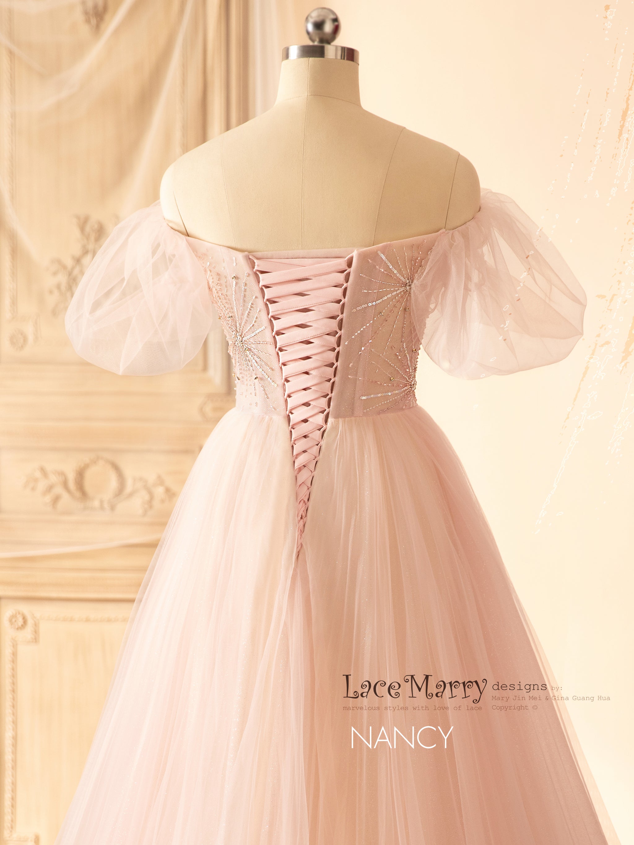 NANCY / Light Pink Wedding Dress with Off Shoulder Puff Sleeves - LaceMarry NANCY / Light Pink Wedding Dress with Off Shoulder Puff Sleeves - LaceMarry