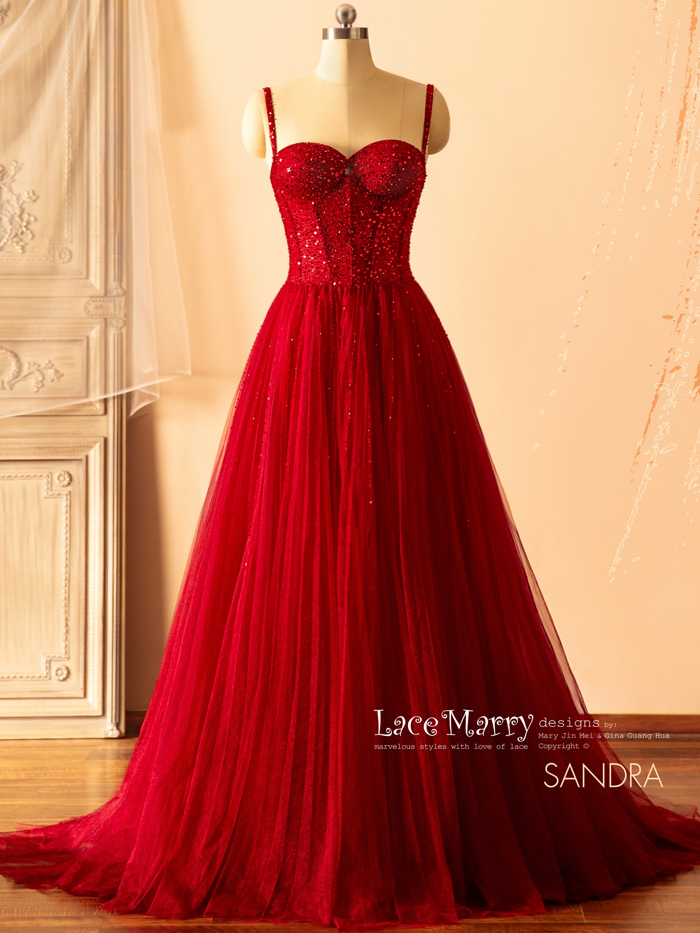 Red Beading Lace Tulle Red A-Line Wedding Dress