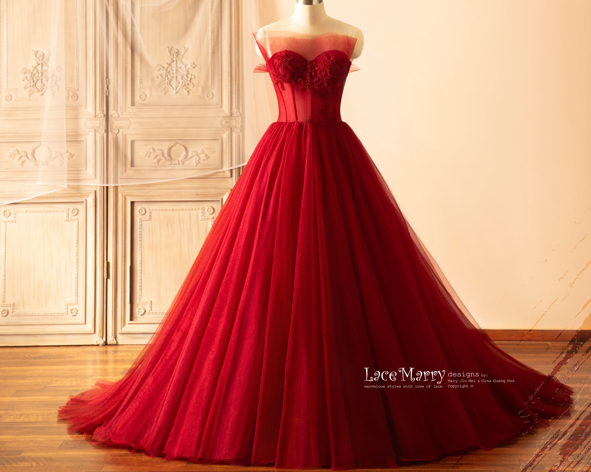 SELENE / A Line Red Wedding Dress with Beaded Sparkling Bodice - LaceMarry SELENE / A Line Red Wedding Dress with Beaded Sparkling Bodice - LaceMarry
