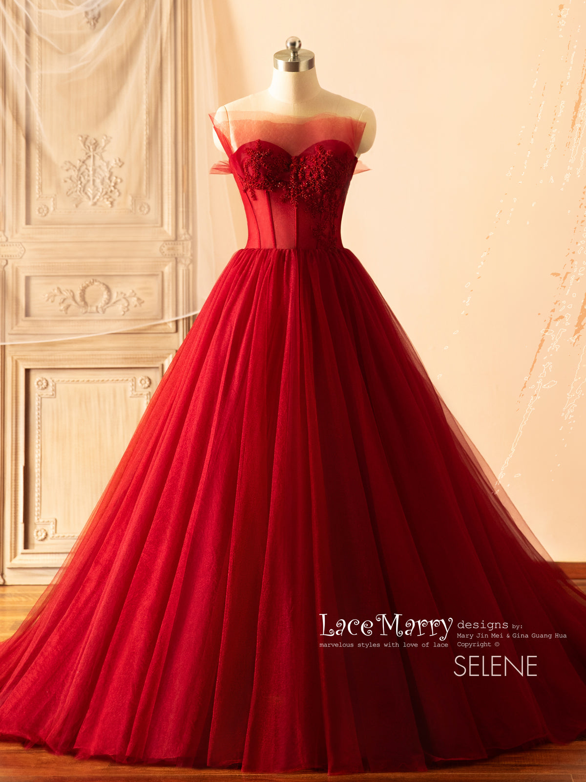 SELENE / A Line Red Wedding Dress with Beaded Sparkling Bodice