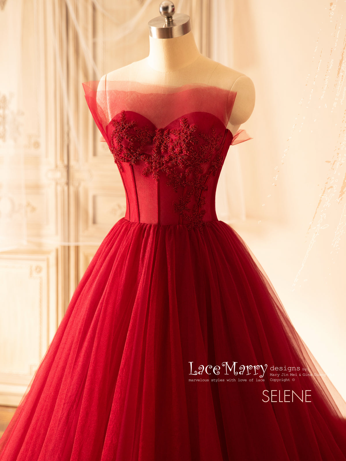 SELENE / A Line Red Wedding Dress with Beaded Sparkling Bodice