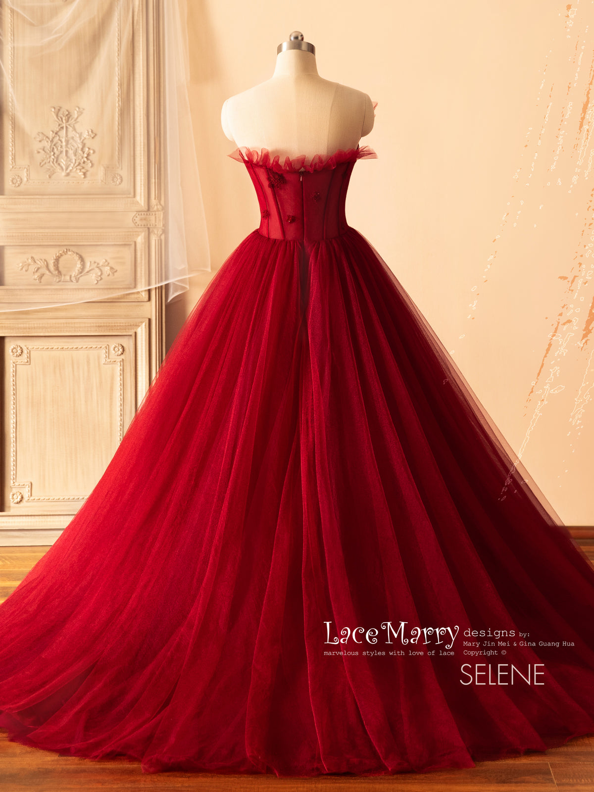 SELENE / A Line Red Wedding Dress with Beaded Sparkling Bodice