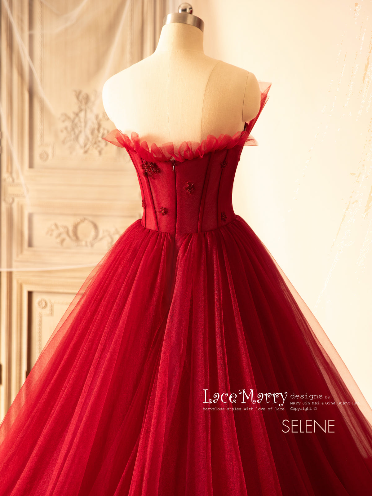 SELENE / A Line Red Wedding Dress with Beaded Sparkling Bodice