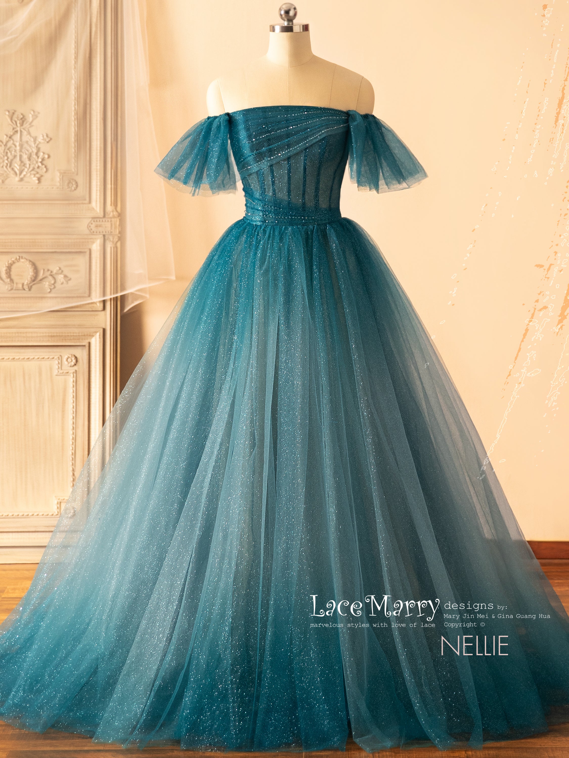blue green ombre dress NELLIE / Dark Prom with Off Shoulder Straps Rosetta Dress - Black sku_HMKJ026-37-black-FO white to sage green Size:Girls XL (14-16) ombre dress
