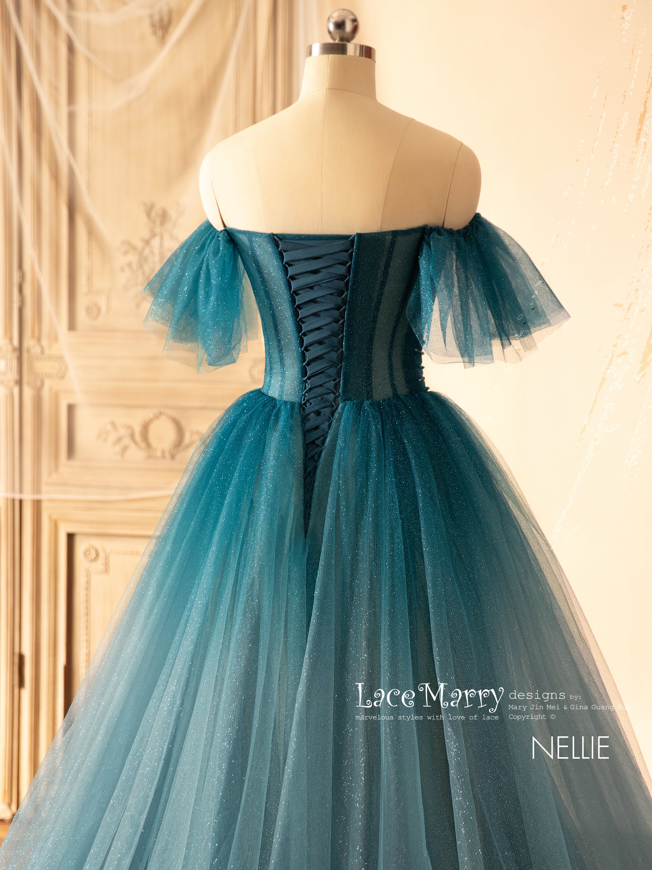 NELLIE Dark Blue Ombre Prom Dress with Off Shoulder Straps