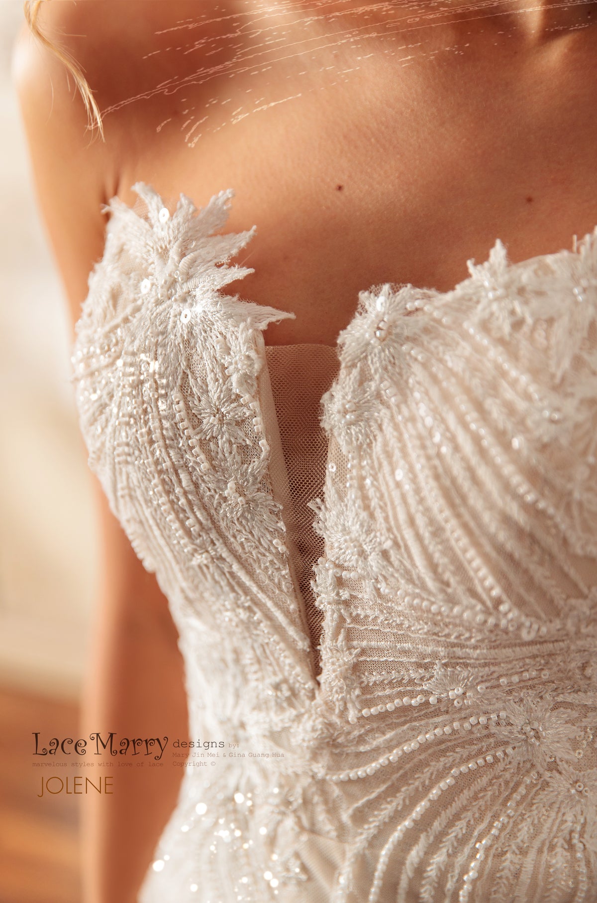 JOLENE / Strapless Wedding Dress with Plunge Neckline and Beaded Appliques