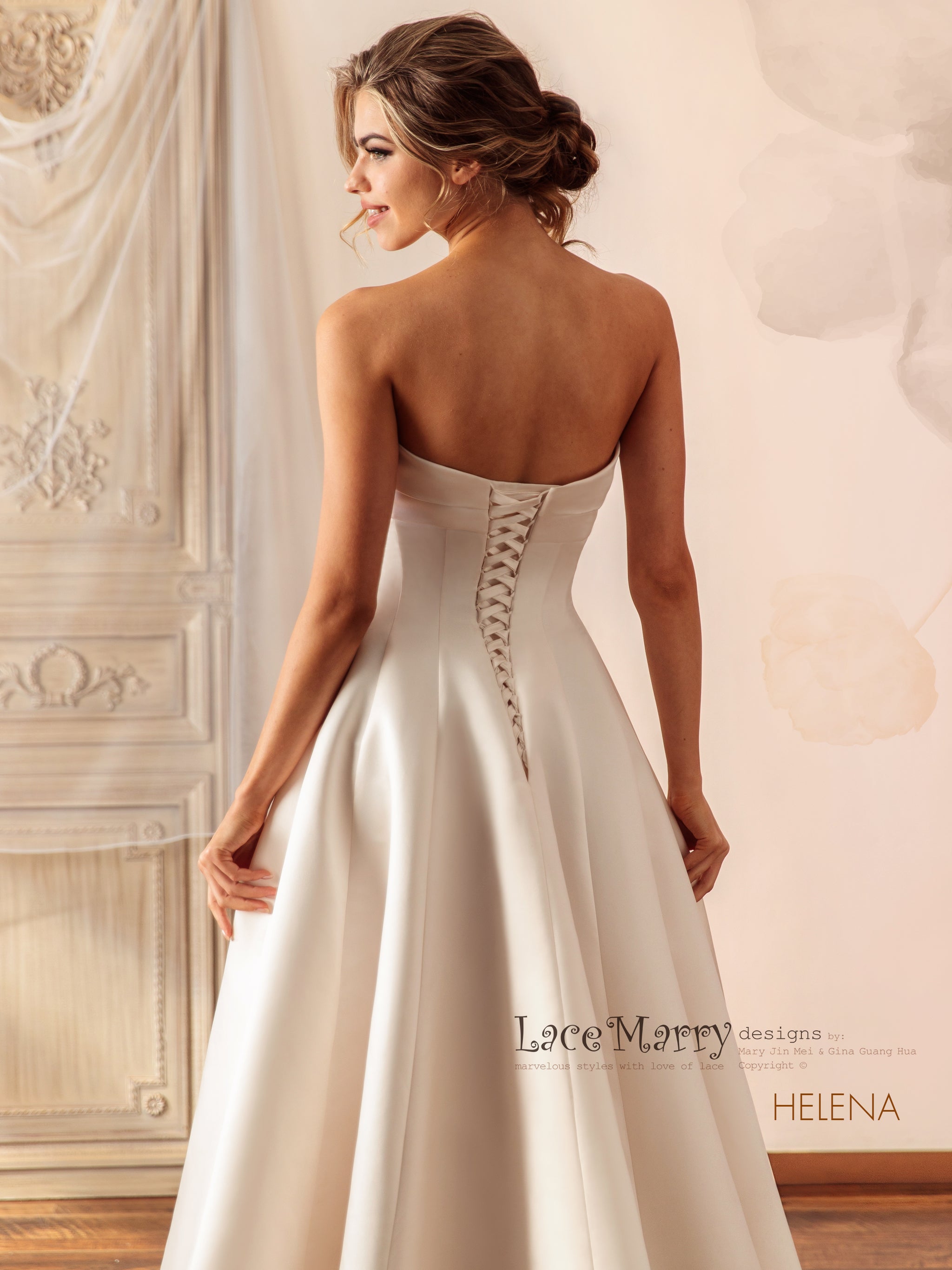 HELENA / Ankle Length Wedding Dress with Pointy Neckline - LaceMarry HELENA / Ankle Length Wedding Dress with Pointy Neckline - LaceMarry