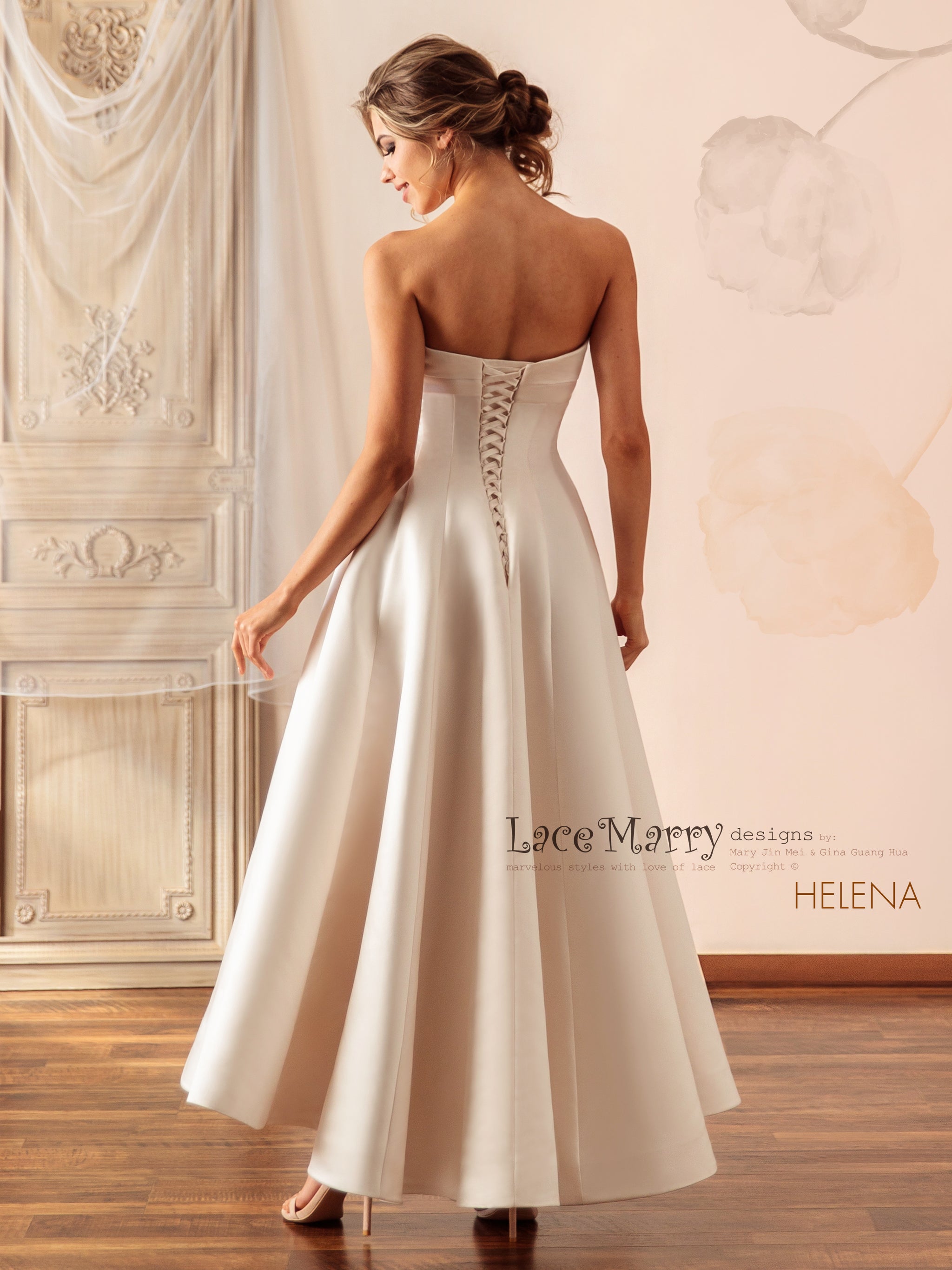 HELENA / Ankle Length Wedding Dress with Pointy Neckline - LaceMarry HELENA / Ankle Length Wedding Dress with Pointy Neckline - LaceMarry