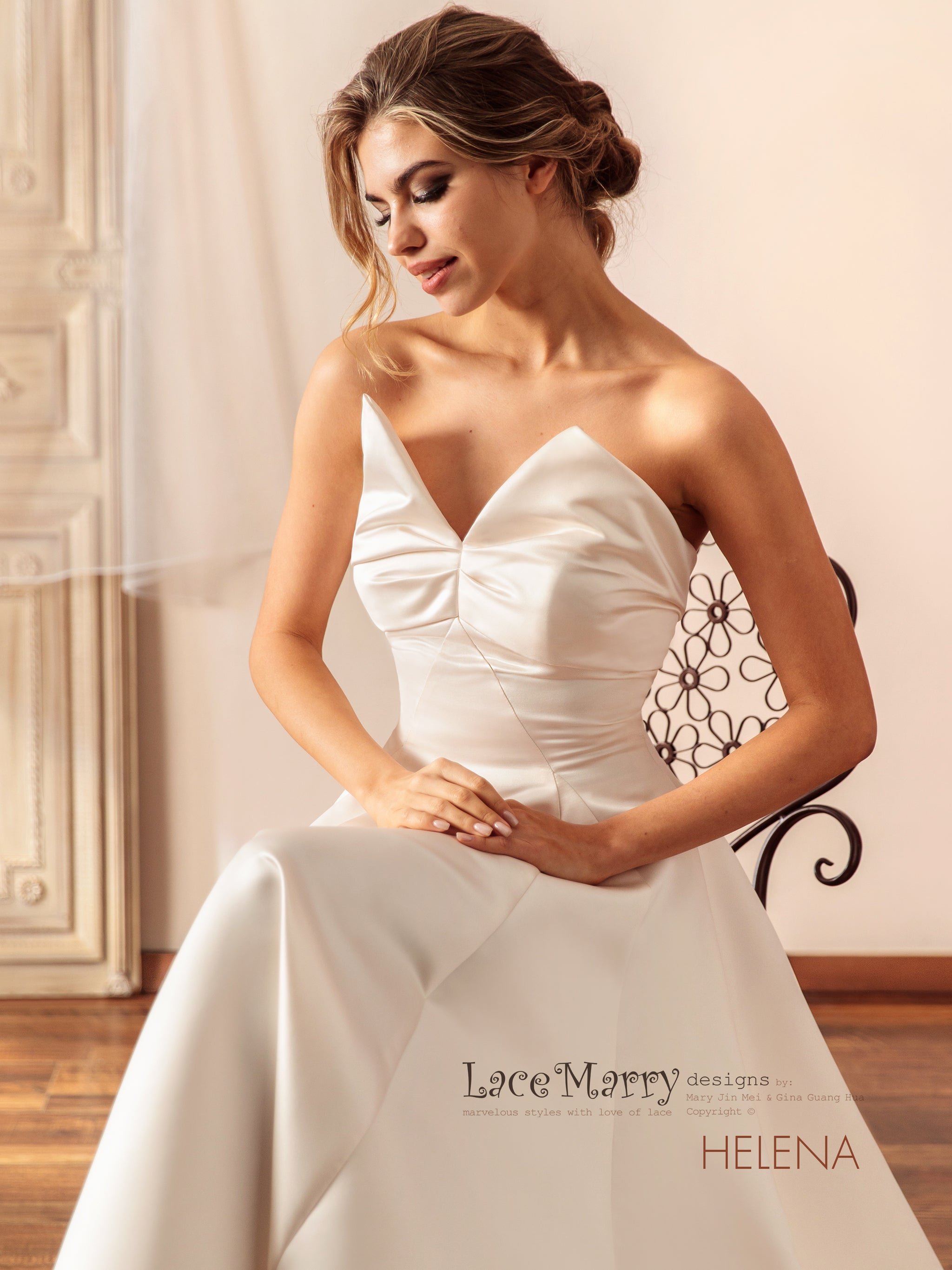 HELENA / Ankle Length Wedding Dress with Pointy Neckline - LaceMarry HELENA / Ankle Length Wedding Dress with Pointy Neckline - LaceMarry