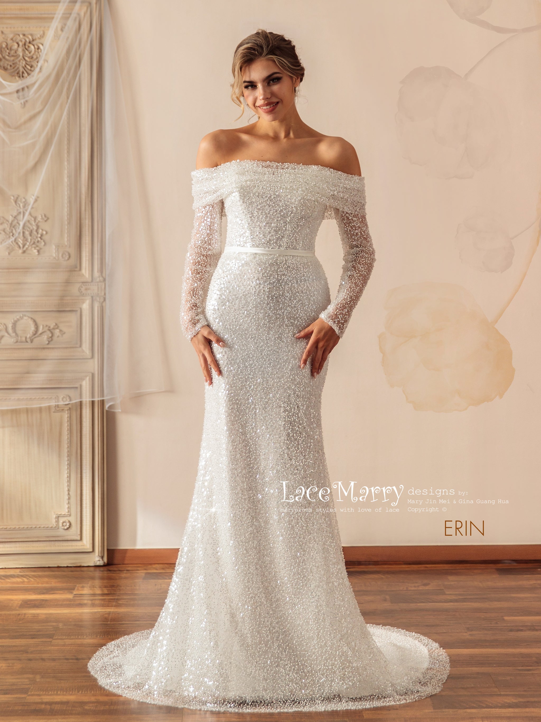 ERIN / Sparkling Wedding Dress with Off the Shoulder Long Sleeves - LaceMarry ERIN / Sparkling Wedding Dress with Off the Shoulder Long Sleeves - LaceMarry