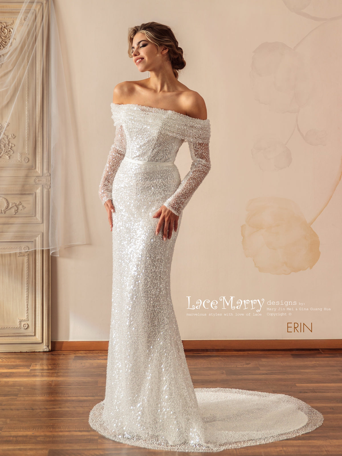 ERIN / Sparkling Wedding Dress with Off the Shoulder Long Sleeves