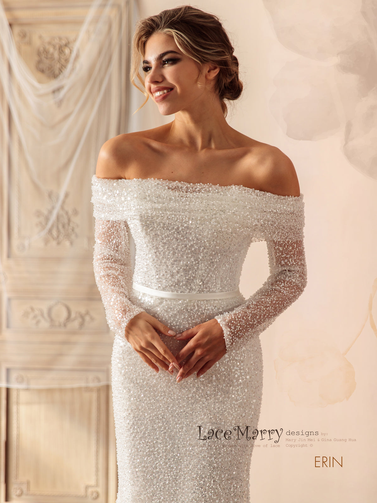 ERIN / Sparkling Wedding Dress with Off the Shoulder Long Sleeves