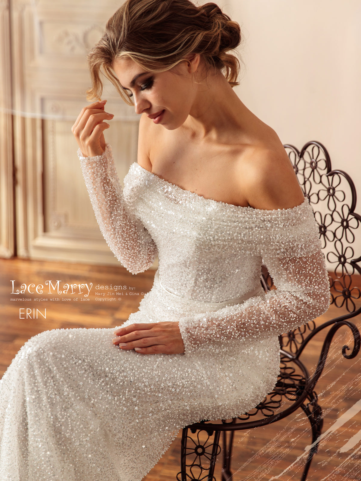 ERIN / Sparkling Wedding Dress with Off the Shoulder Long Sleeves