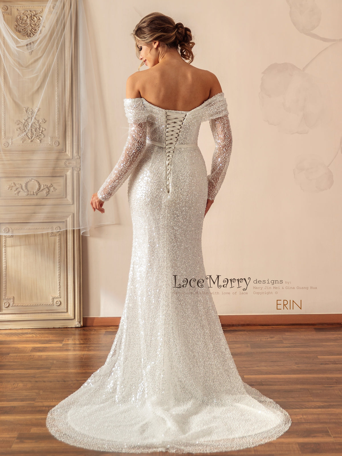 ERIN / Sparkling Wedding Dress with Off the Shoulder Long Sleeves