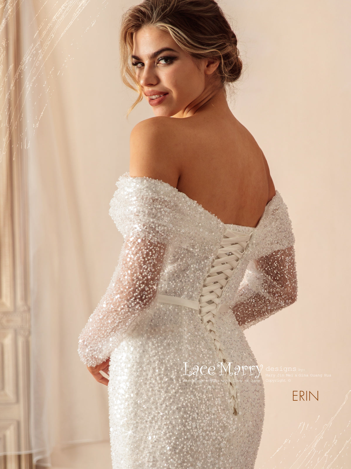 ERIN / Sparkling Wedding Dress with Off the Shoulder Long Sleeves