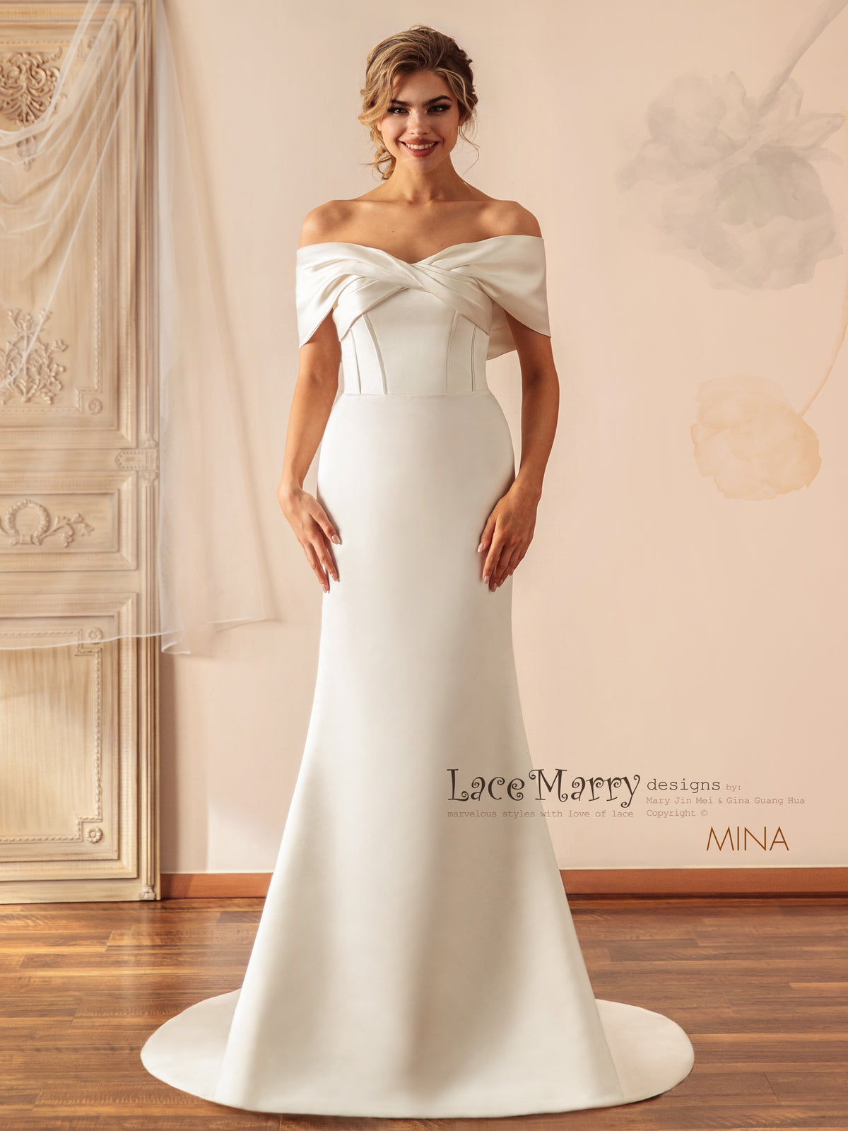 MINA / Off Shoulder Satin Wedding Dress