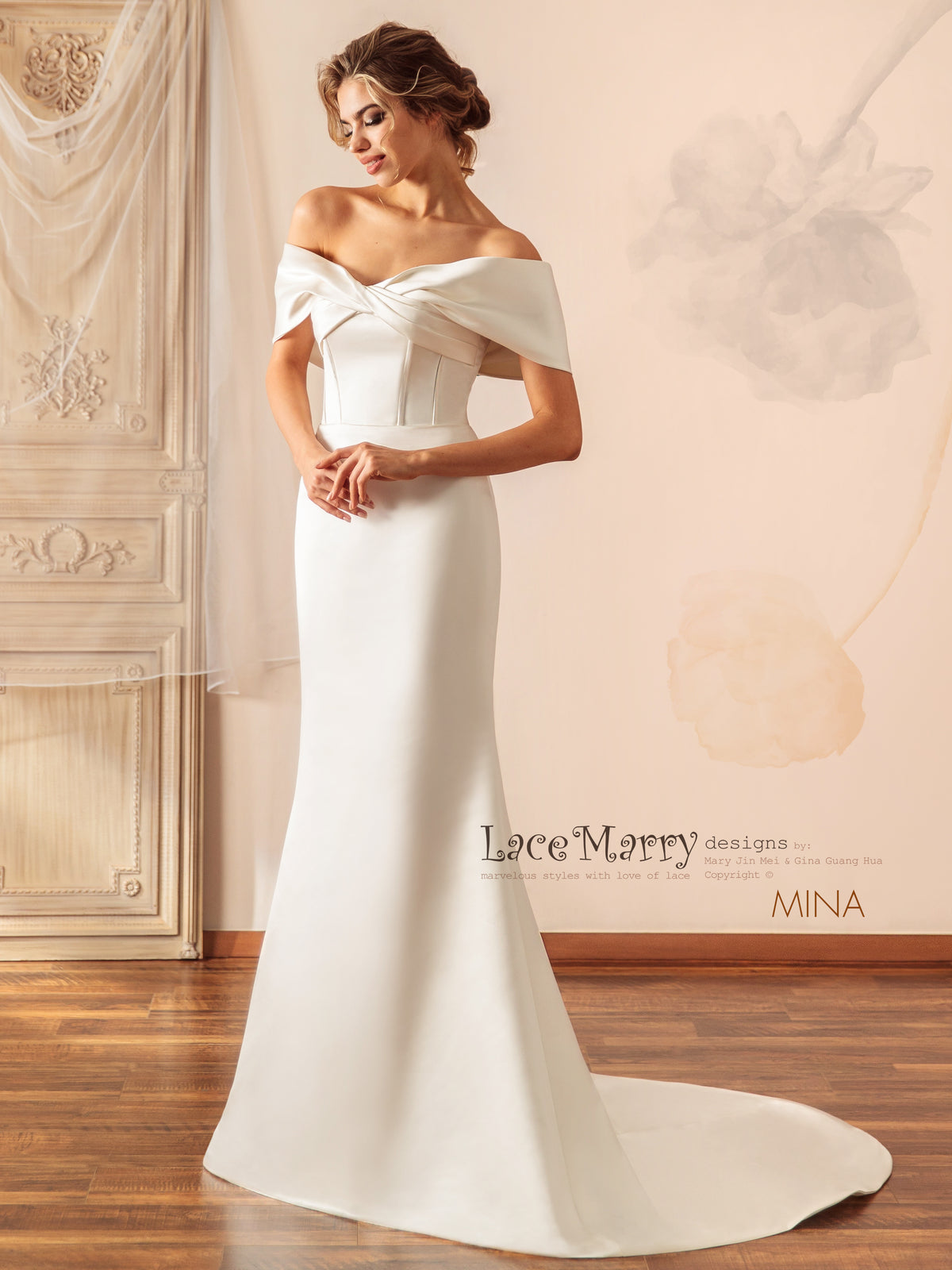 MINA / Off Shoulder Satin Wedding Dress - LaceMarry MINA / Off Shoulder Satin Wedding Dress - LaceMarry