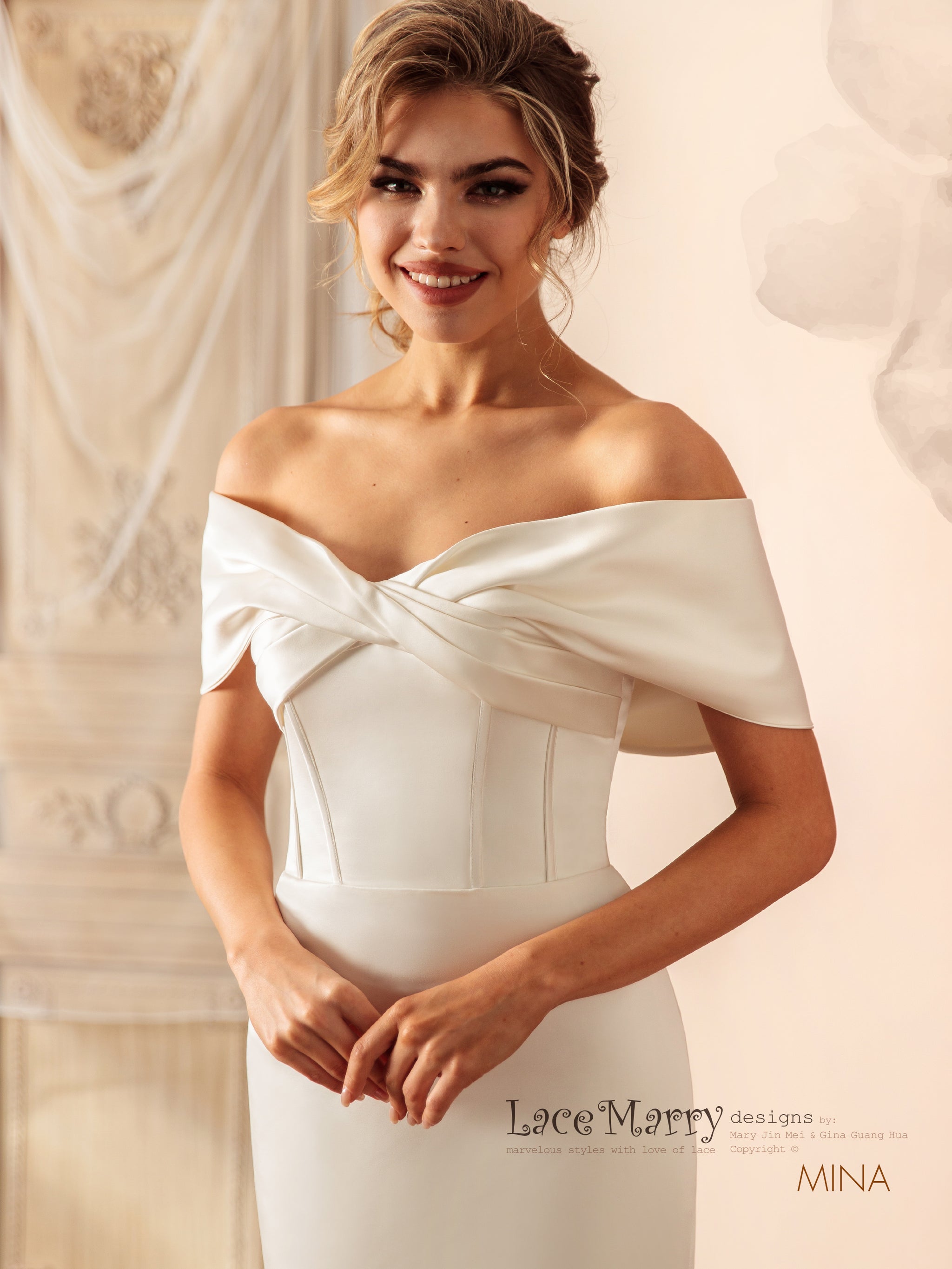 MINA / Off Shoulder Satin Wedding Dress - LaceMarry MINA / Off Shoulder Satin Wedding Dress - LaceMarry