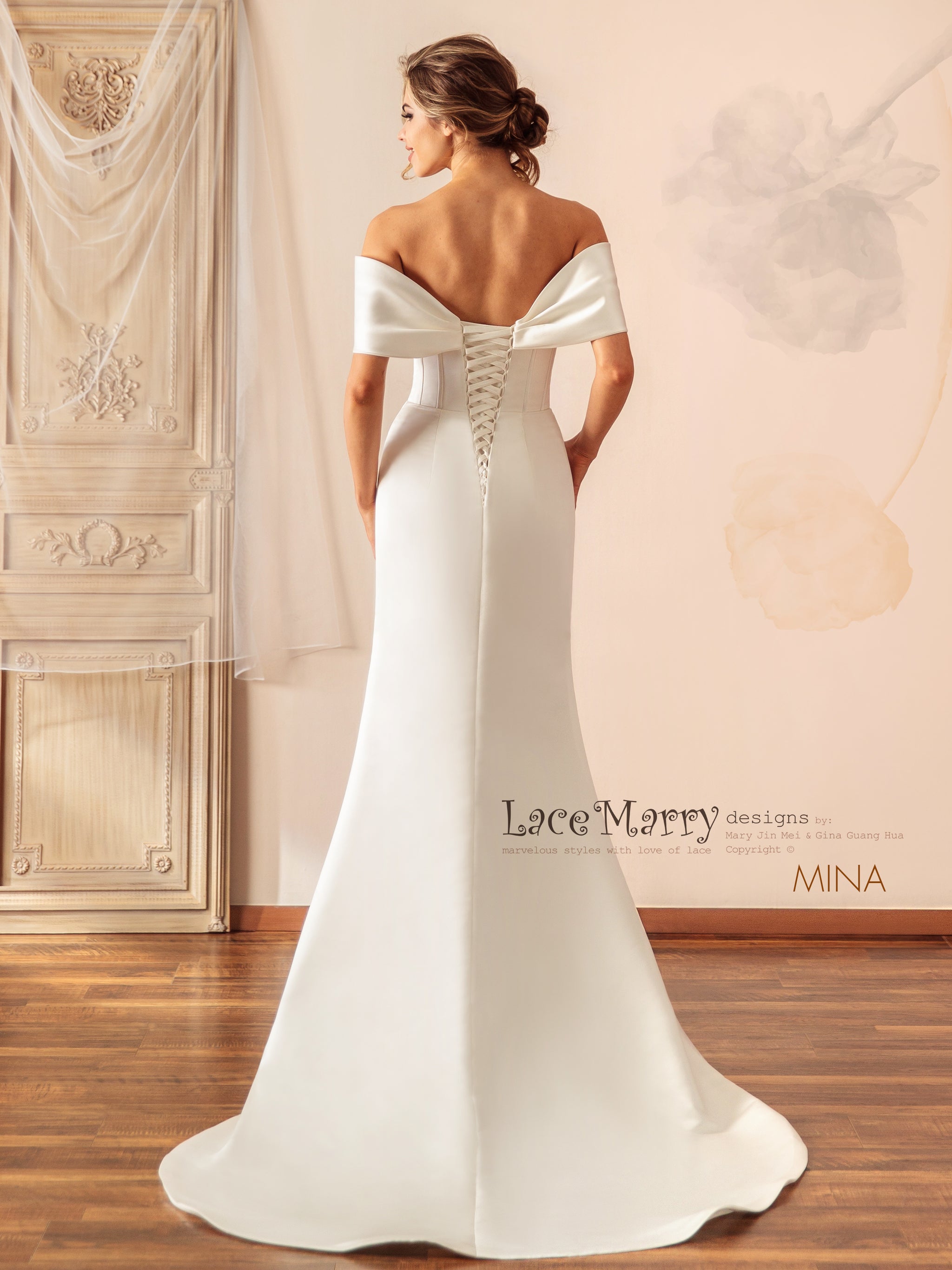 MINA / Off Shoulder Satin Wedding Dress - LaceMarry MINA / Off Shoulder Satin Wedding Dress - LaceMarry
