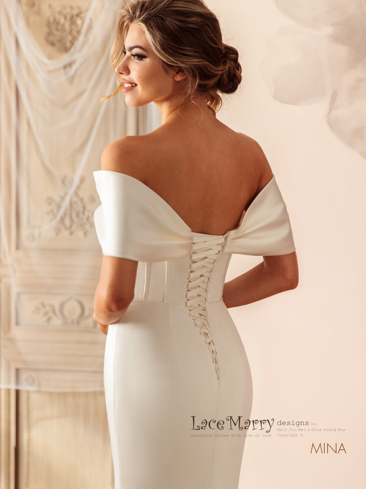 MINA / Off Shoulder Satin Wedding Dress