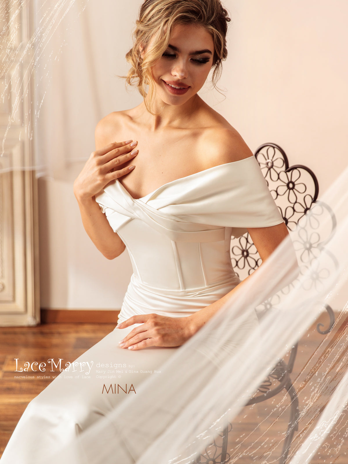 MINA / Off Shoulder Satin Wedding Dress