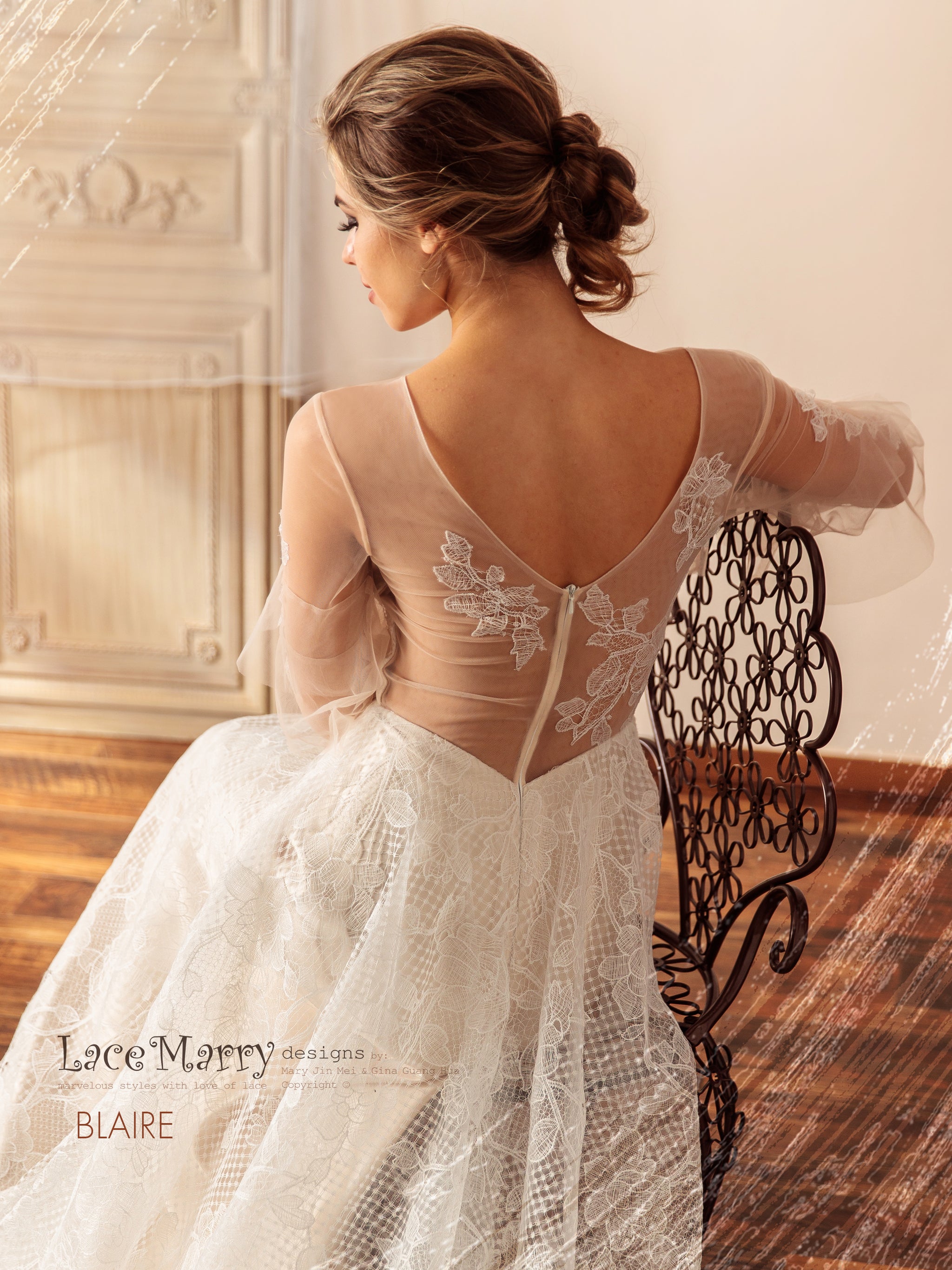 BLAIRE / A Line Lace Wedding Dress with Long Sleeves - LaceMarry