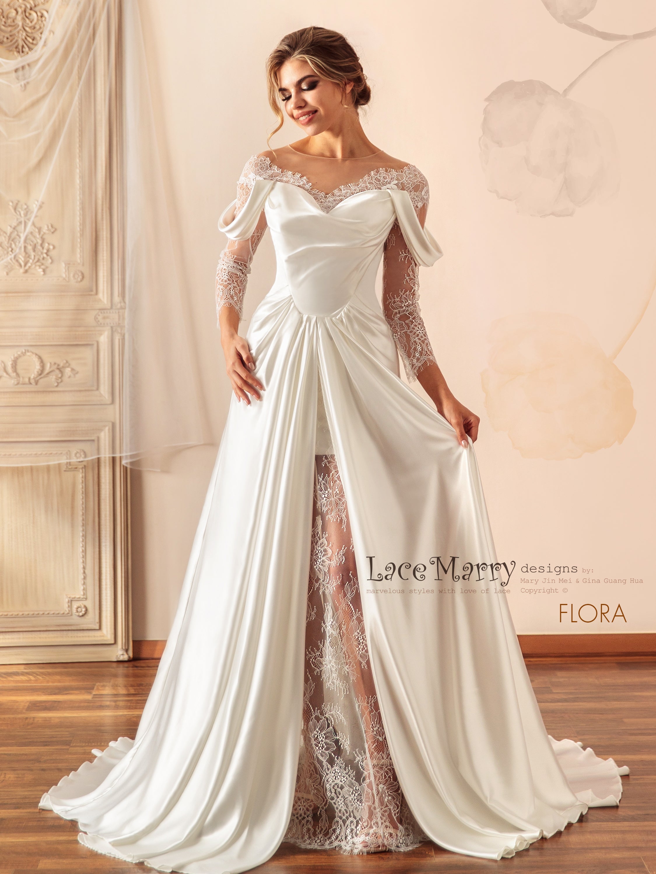 Long Sleeve Silk Wedding Dress With Lace V Neck Silk Chiffon