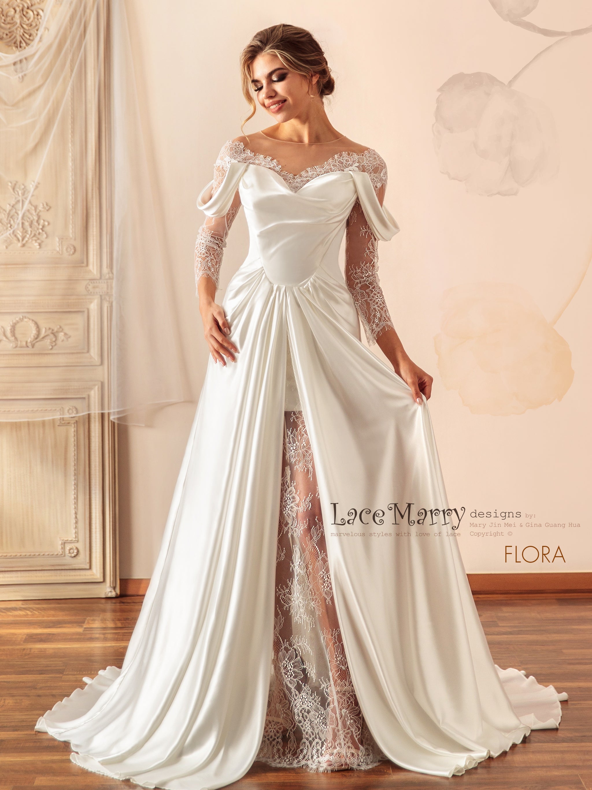 FLORA / Illusion Neck Lace Wedding Dress with Slit on the Skirt - LaceMarry