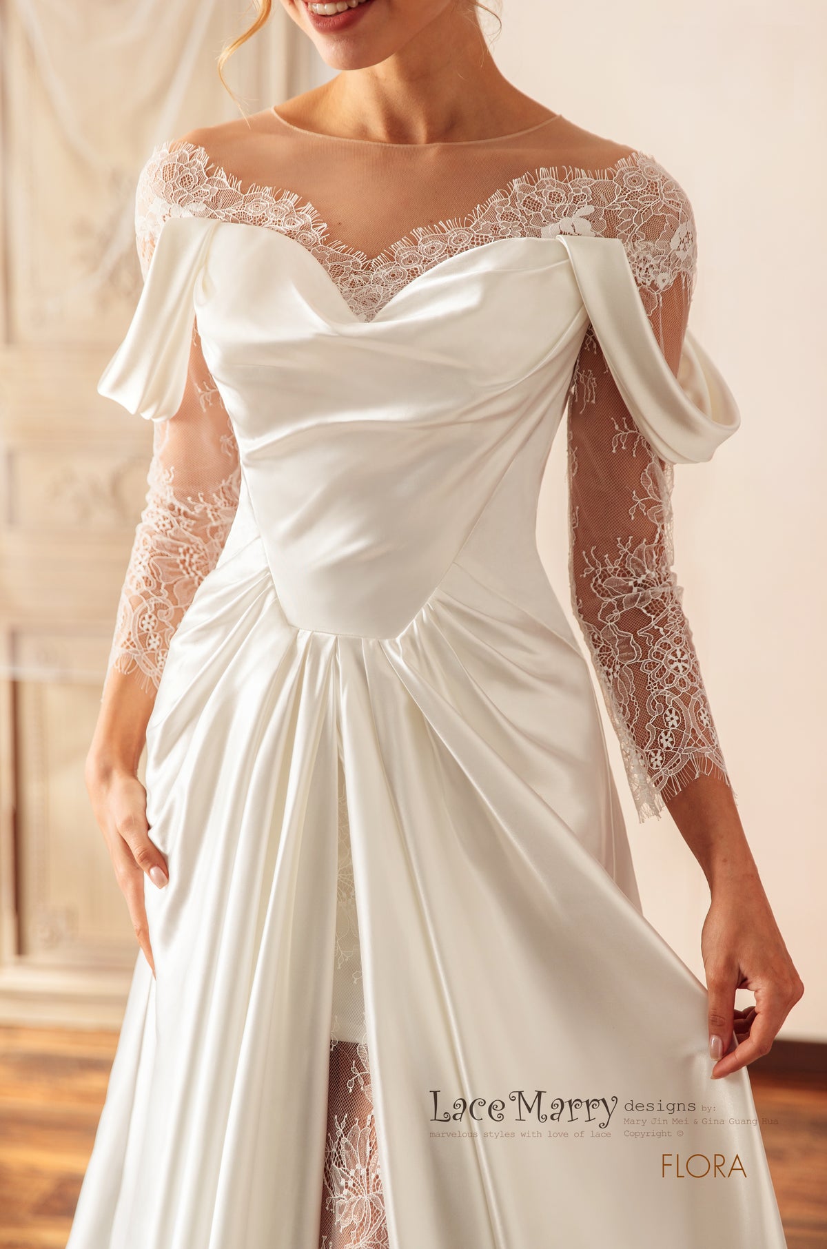 FLORA / Illusion Neck Lace Wedding Dress with Slit on the Skirt
