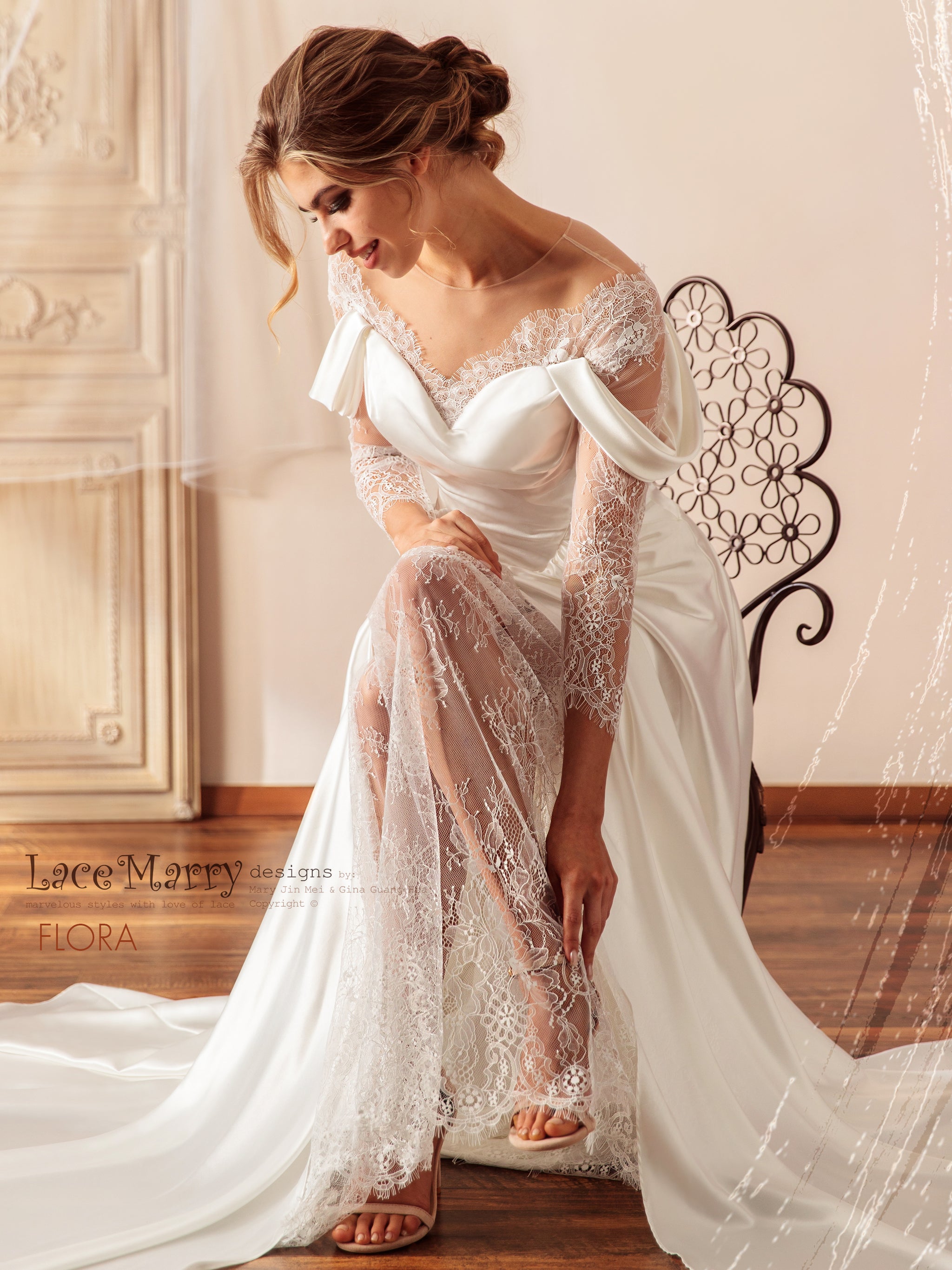 FLORA / Illusion Neck Lace Wedding Dress with Slit on the Skirt - LaceMarry FLORA / Illusion Neck Lace Wedding Dress with Slit on the Skirt - LaceMarry