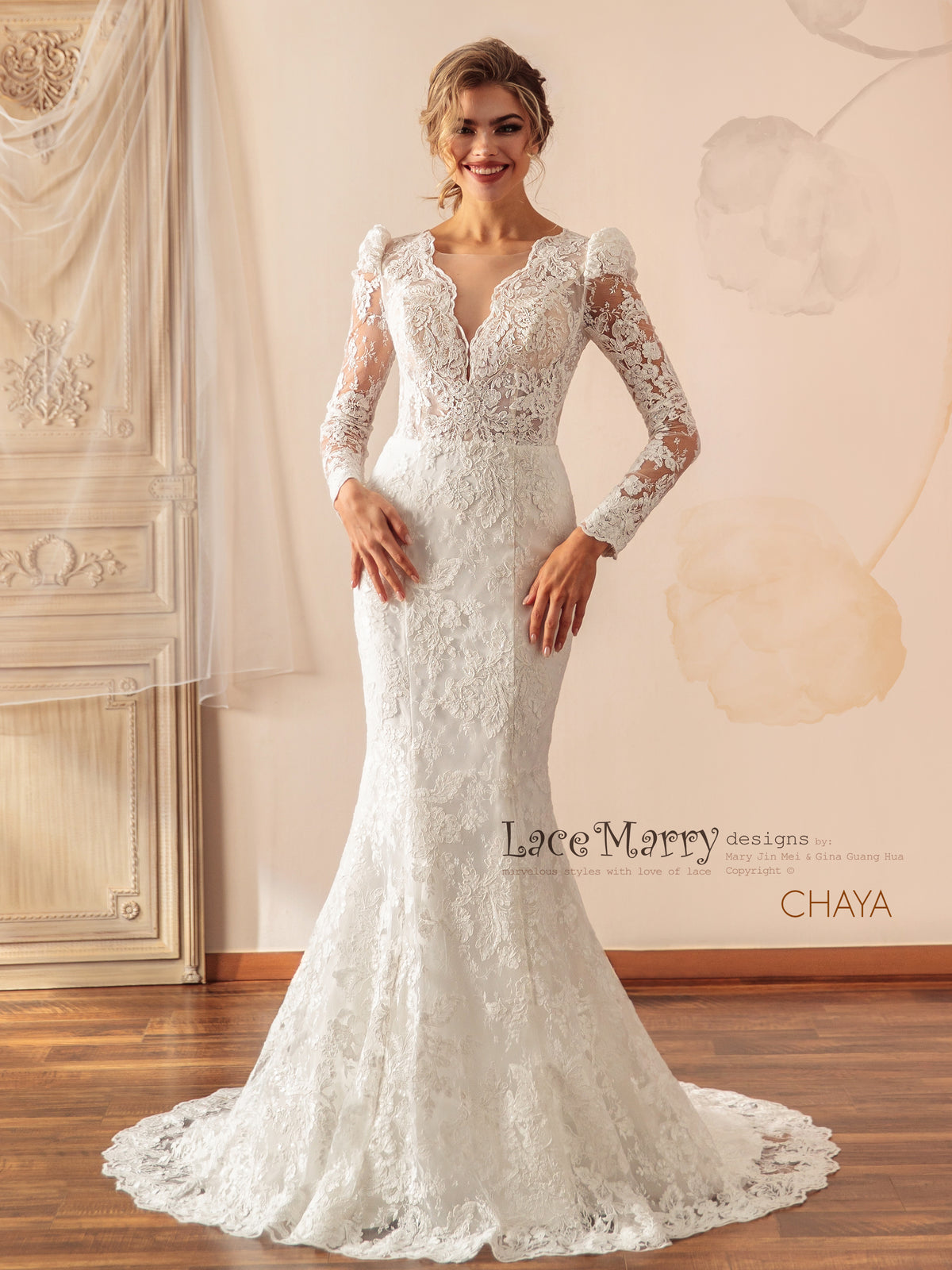 CHAYA / Sparkling Lace Wedding Dress with Puff Shoulder Long Sleeves