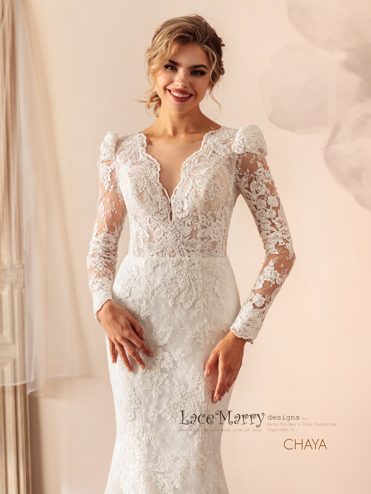 CHAYA / Sparkling Lace Wedding Dress with Puff Shoulder Long Sleeves