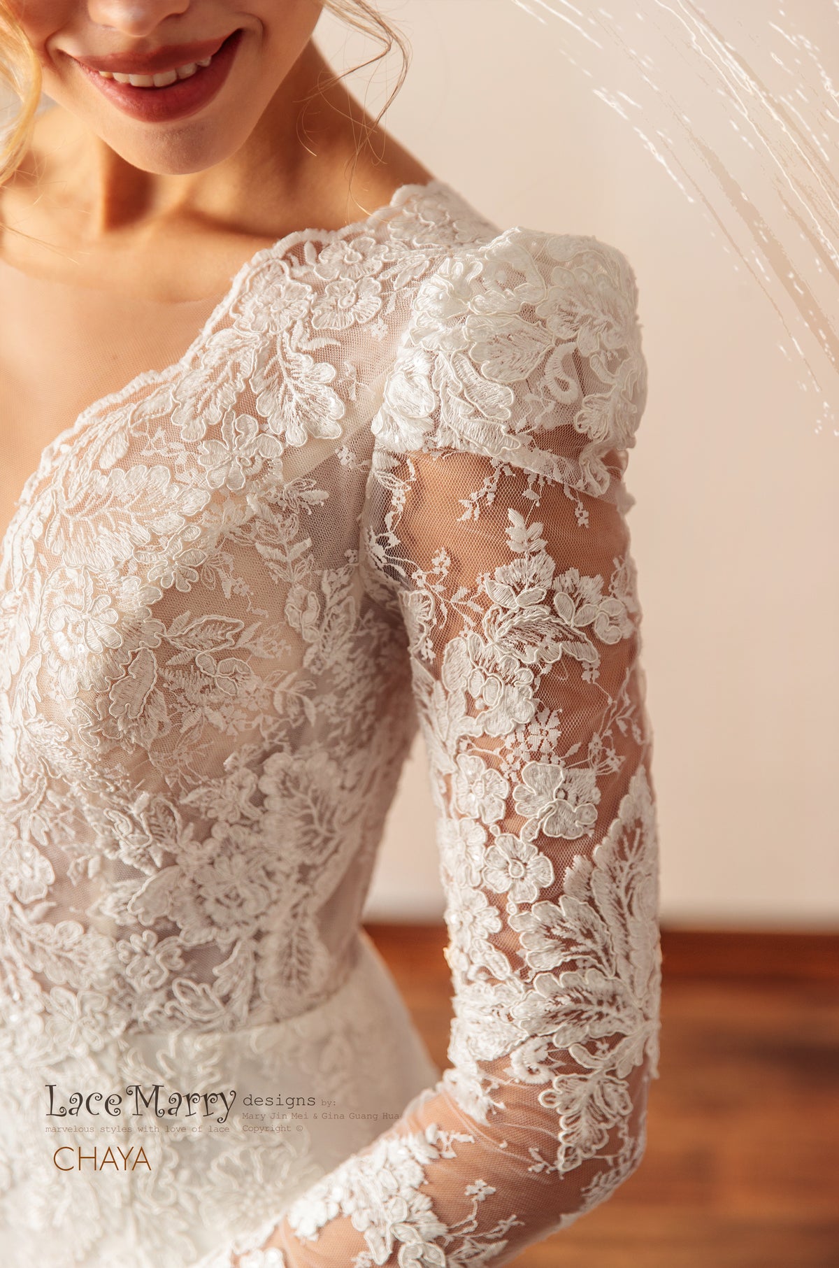 CHAYA / Sparkling Lace Wedding Dress with Puff Shoulder Long Sleeves